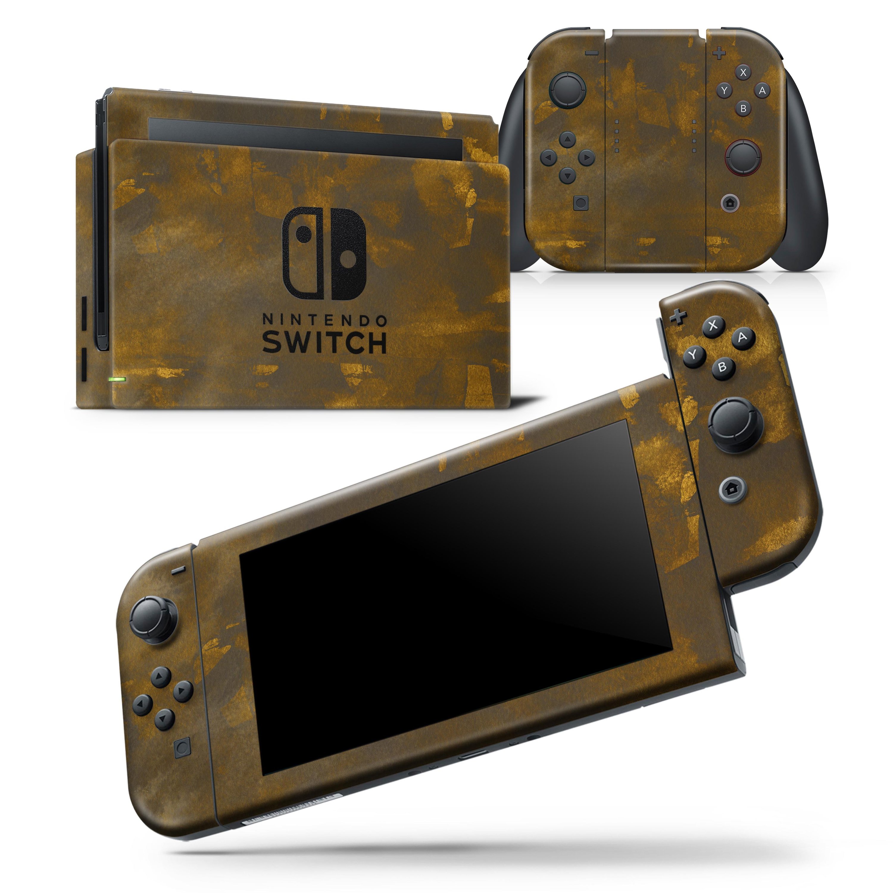 Abstract Dark Gray and Gold Shards skin wrap decal for Nintendo Switch, showcasing a stylish design that fits the console and controllers perfectly.