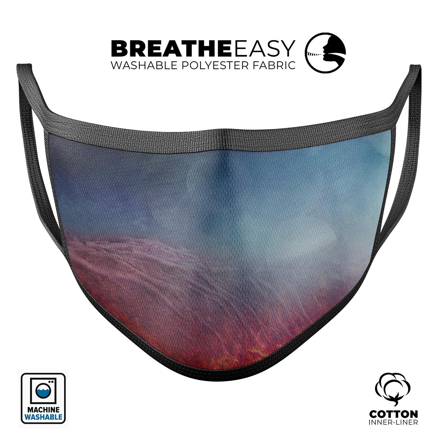 Abstract Fire & Ice V10 mouth cover, featuring vibrant dye-sublimated design, adjustable ear loops, and made from soft cotton material.