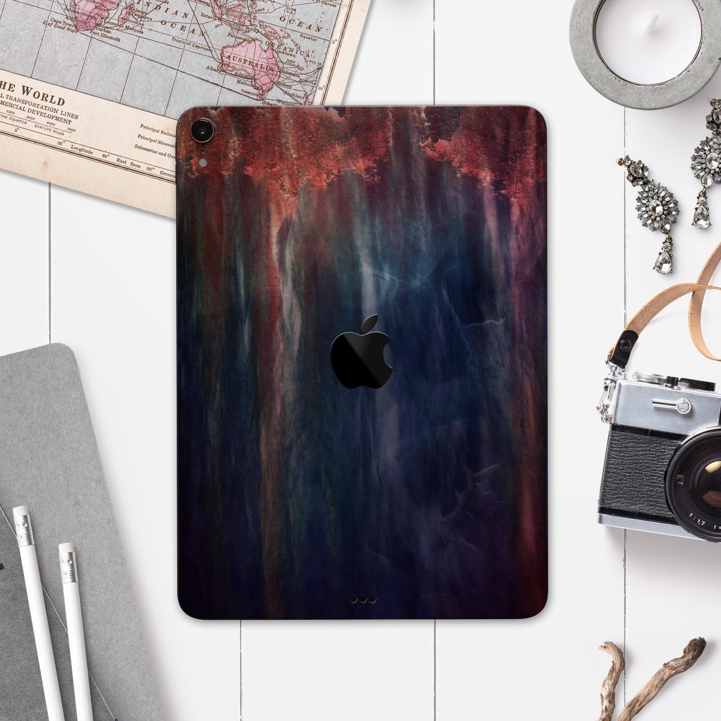 Abstract Fire & Ice V14 Full Body Skin Decal for Apple iPad Pro, showcasing vibrant colors and unique design.