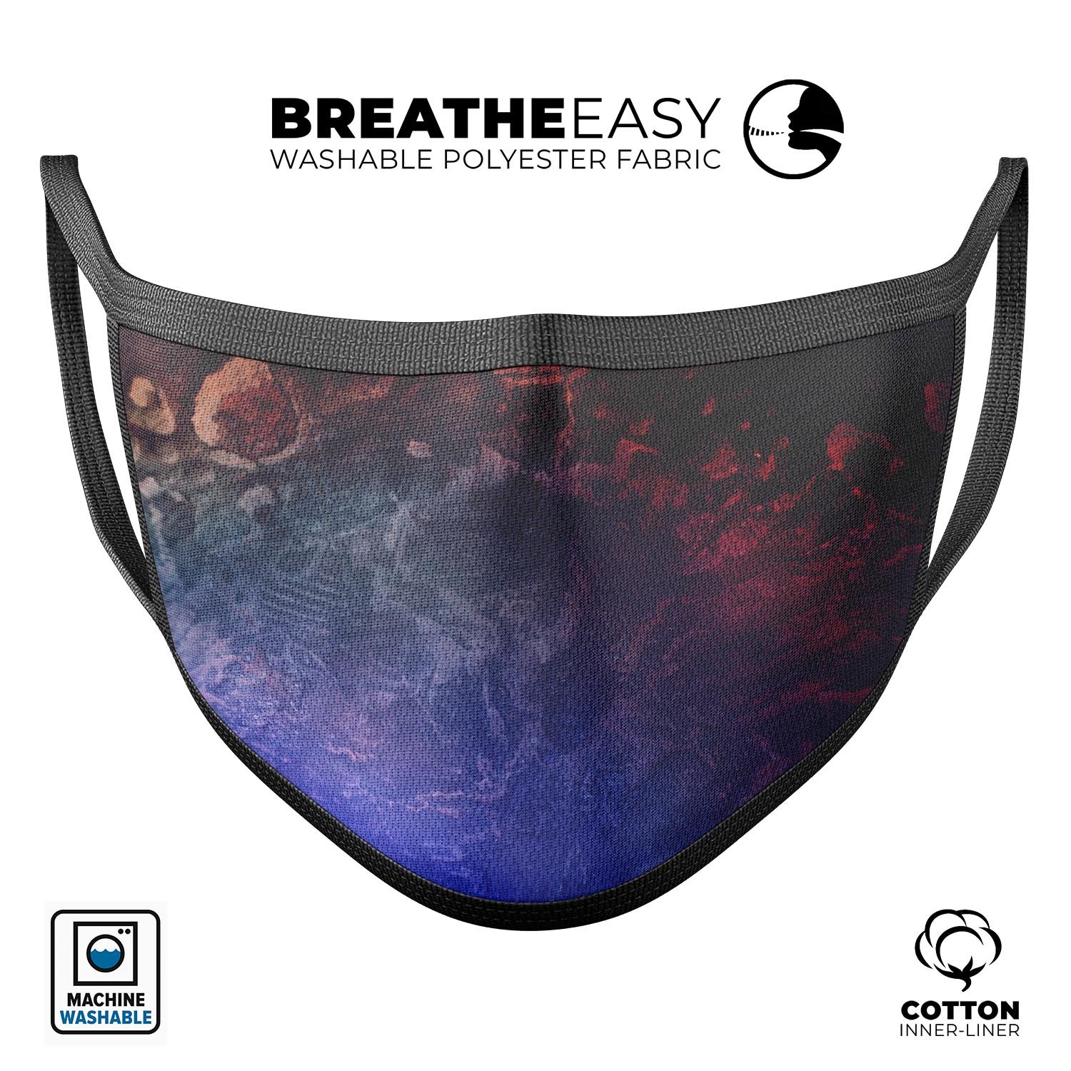 Abstract Fire & Ice V8 mouth cover, featuring a vibrant design, adjustable ear loops, and made from soft cotton for comfort.