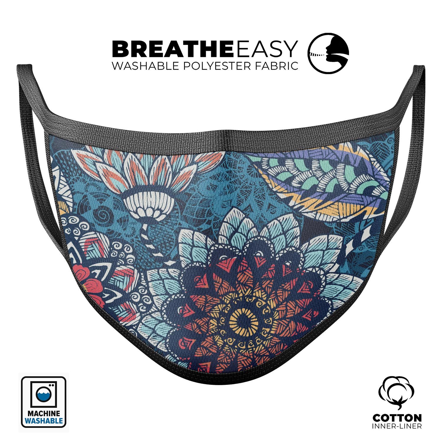 Abstract Floral V242 mouth cover, featuring a vibrant floral design, made of soft cotton with adjustable ear loops for a comfortable fit.