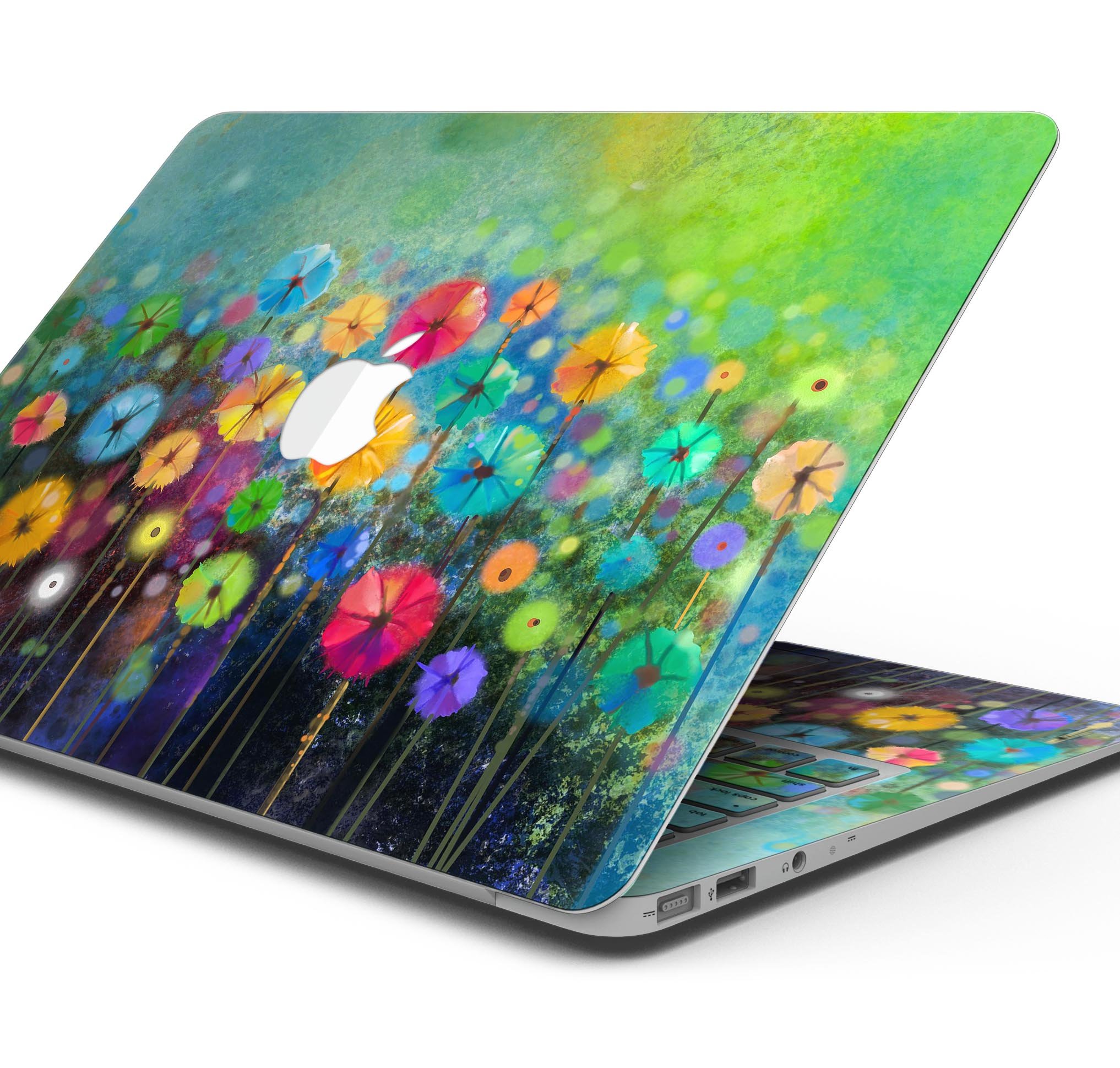 Abstract Flower Meadow Skin Decal Wrap Kit for Apple MacBook, showcasing vibrant floral design and premium vinyl material.