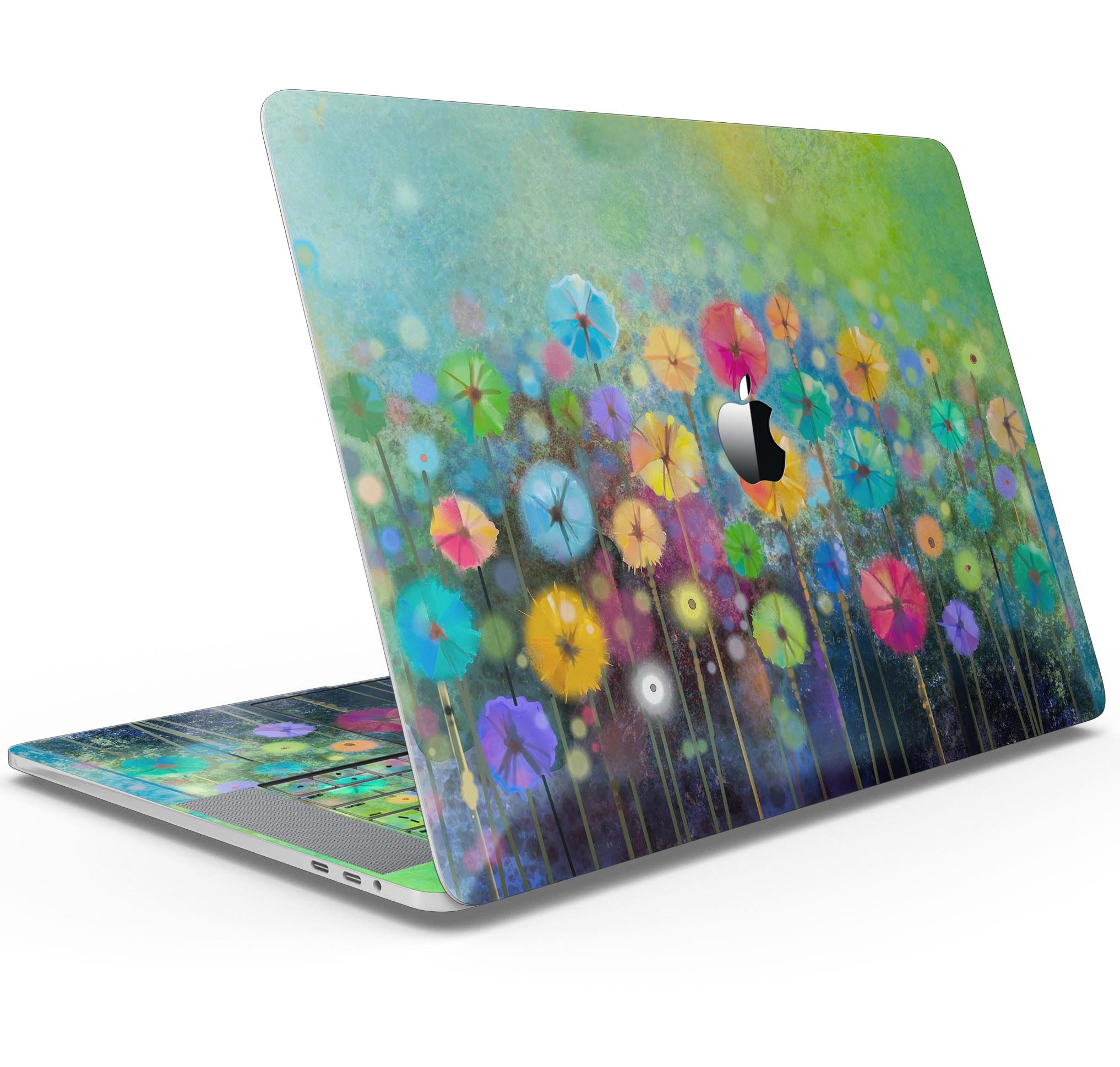 Abstract Flower Meadow Skin Decal Wrap Kit for Apple MacBook, showcasing vibrant floral design and premium vinyl material.