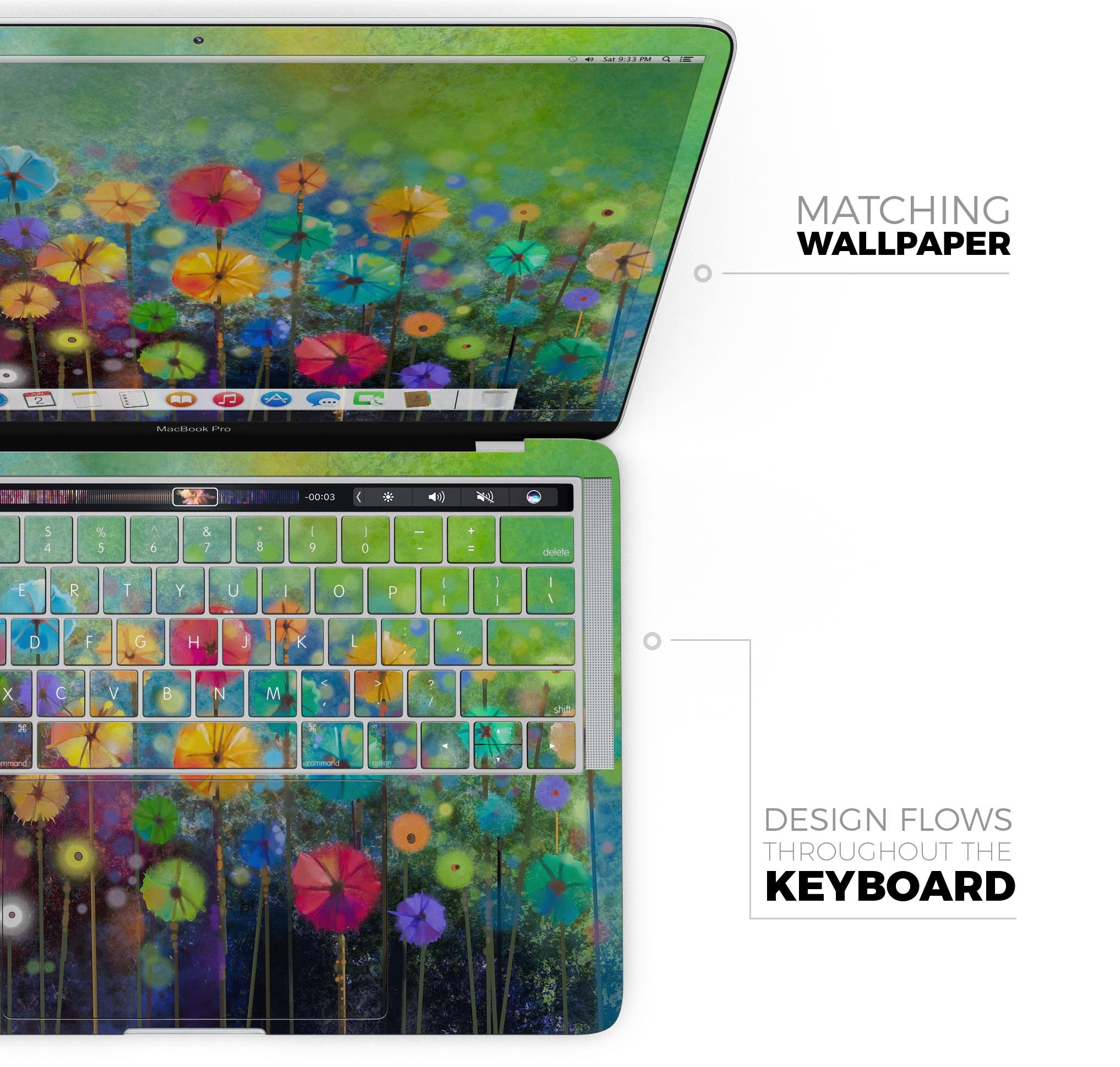 Abstract Flower Meadow Skin Decal Wrap Kit for Apple MacBook, showcasing vibrant floral design and premium vinyl material.