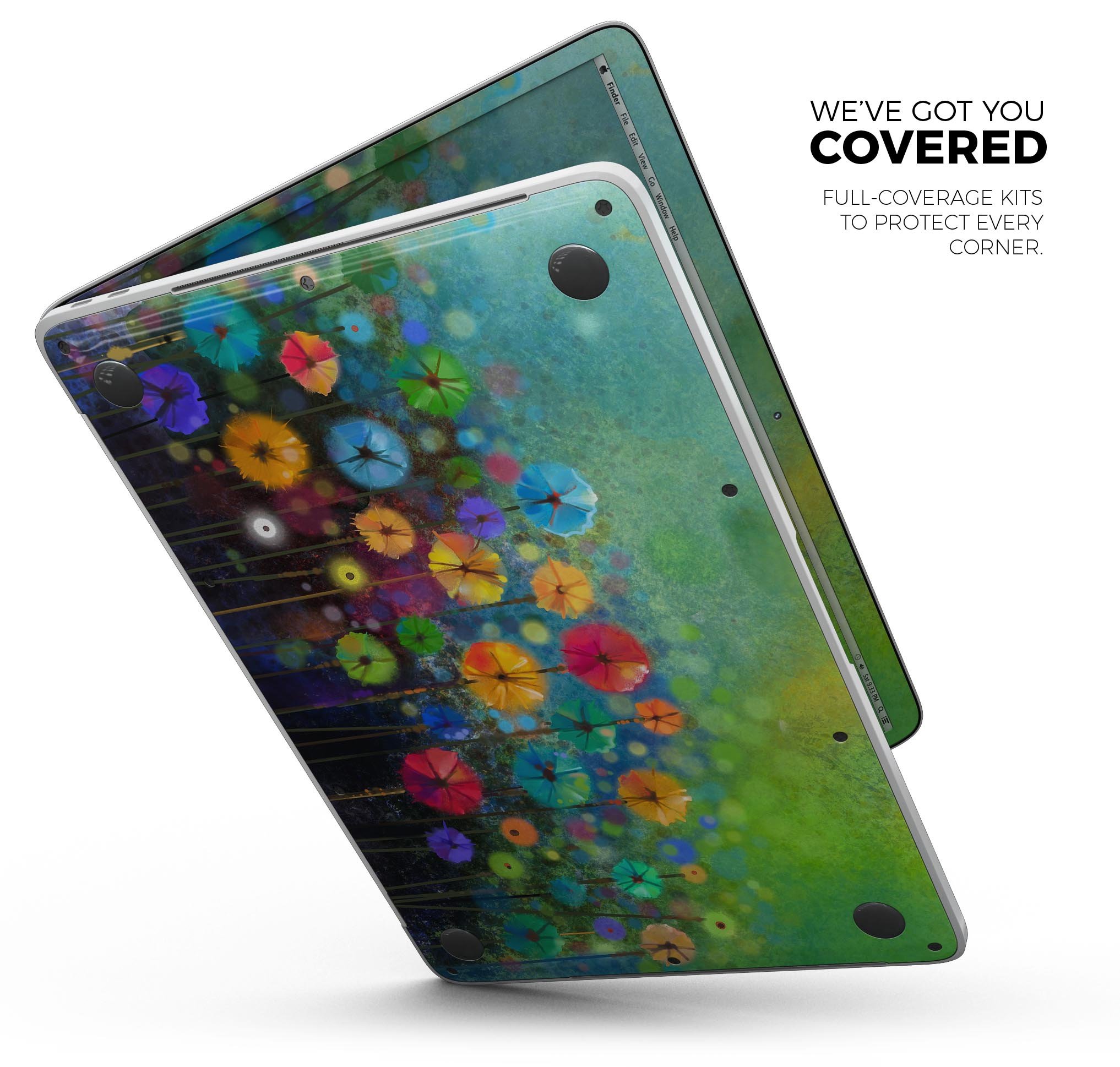 Abstract Flower Meadow Skin Decal Wrap Kit for Apple MacBook, showcasing vibrant floral design and premium vinyl material.