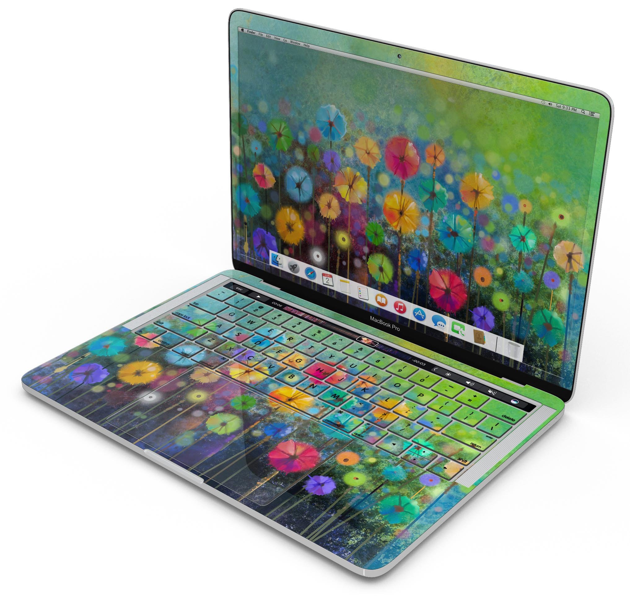 Abstract Flower Meadow Skin Decal Wrap Kit for Apple MacBook, showcasing vibrant floral design and premium vinyl material.