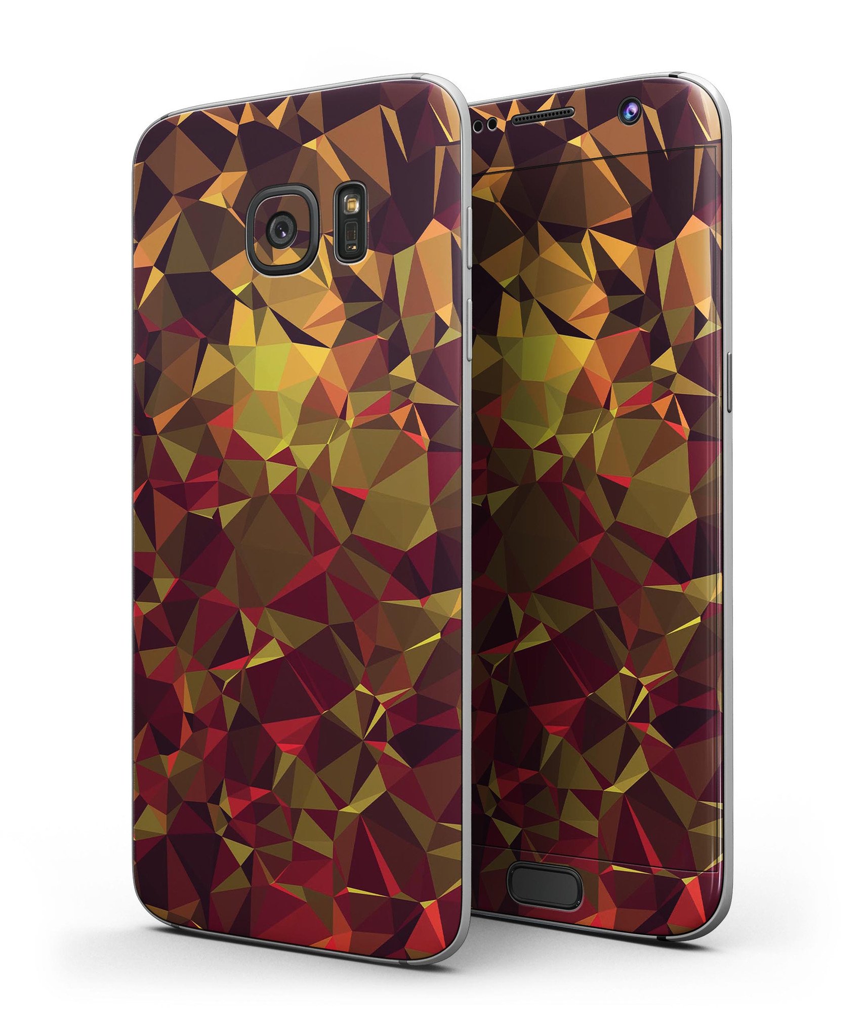 Abstract Geometric Lava Triangles skin kit for Samsung Galaxy S7/S7 Edge, showcasing vibrant colors and unique geometric patterns.