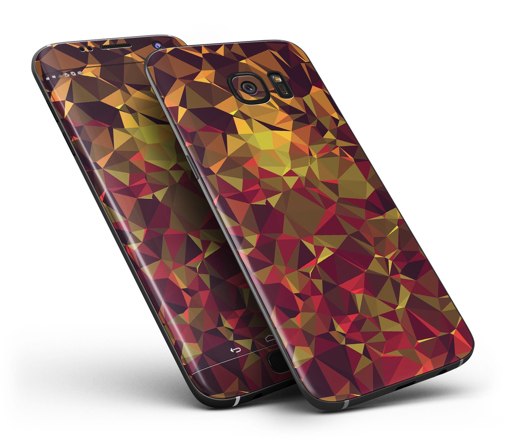 Abstract Geometric Lava Triangles skin kit for Samsung Galaxy S7/S7 Edge, showcasing vibrant colors and unique geometric patterns.