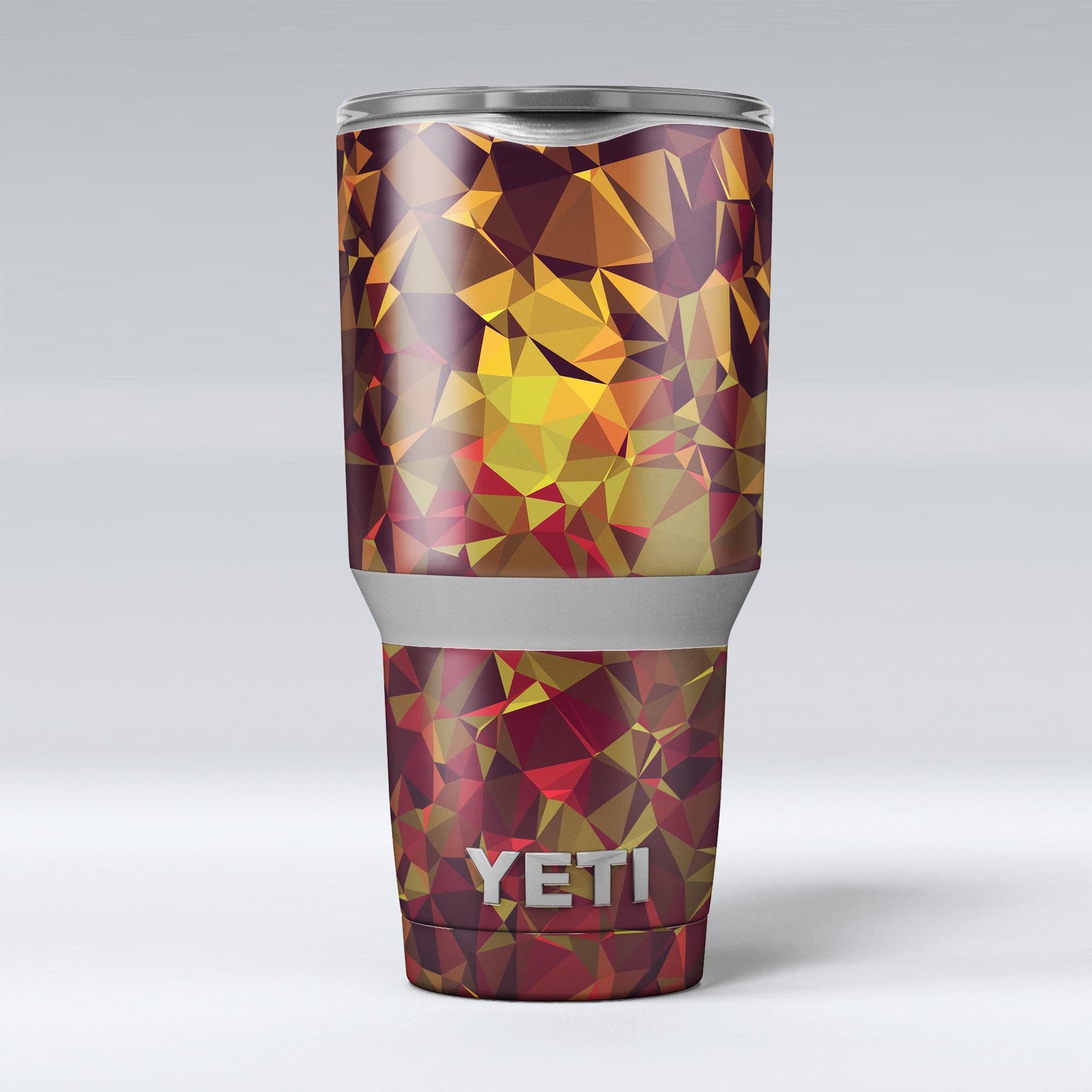 Abstract Geometric Lava Triangles skin decal vinyl wrap kit for Yeti Coolers, showcasing vibrant colors and unique geometric patterns.