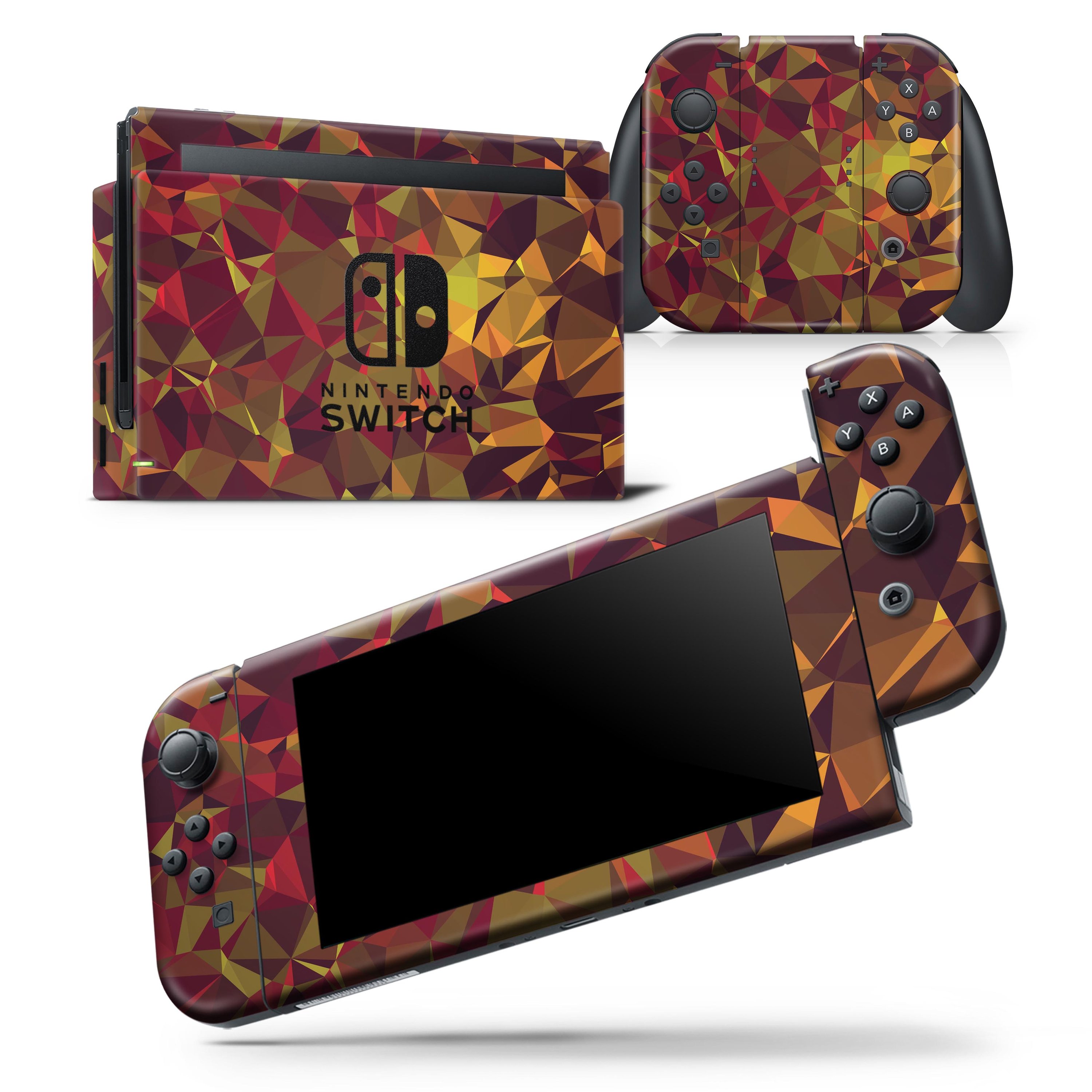 Abstract Geometric Lava Triangles skin wrap decal for Nintendo Switch, showcasing vibrant colors and unique geometric patterns.