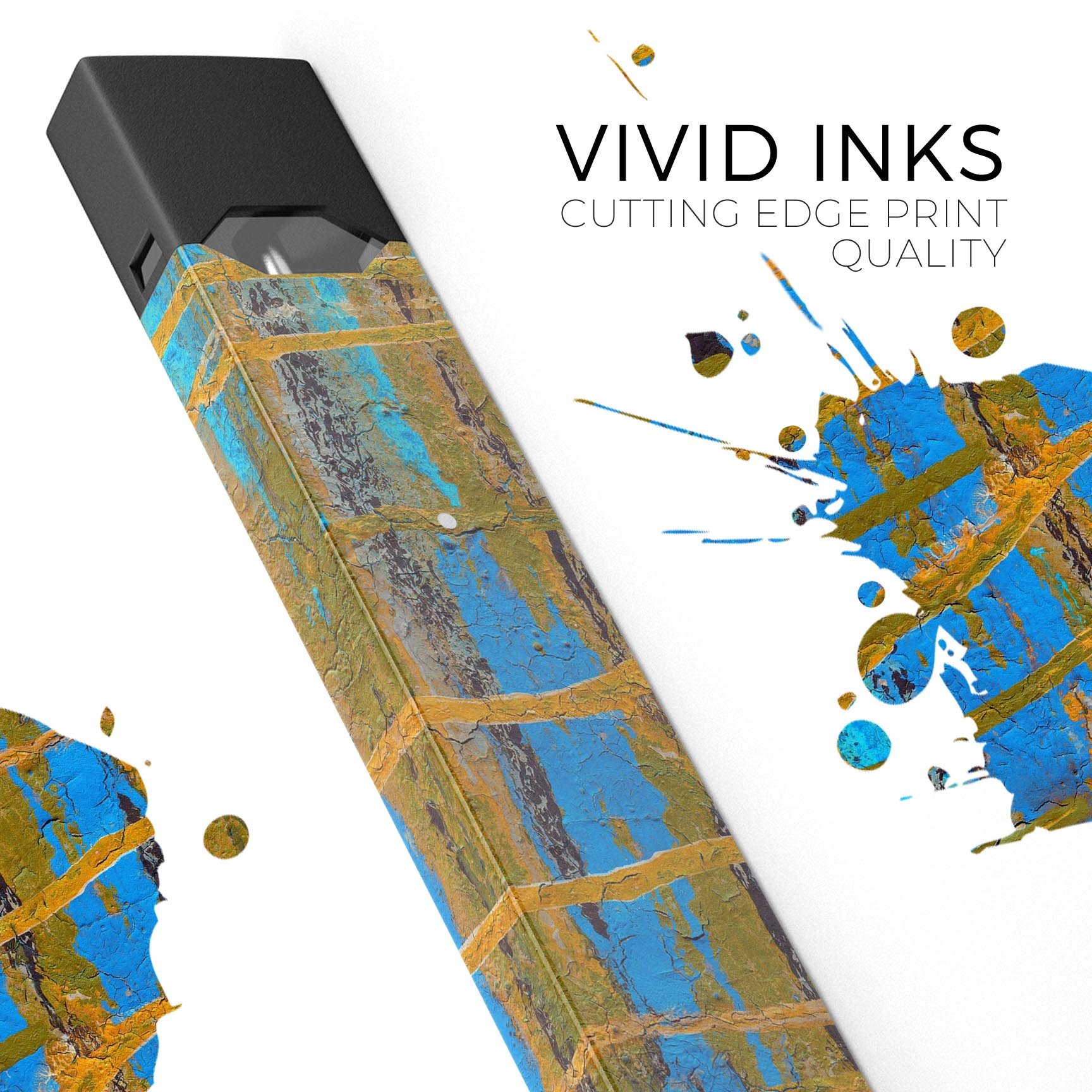 Abstract Gold and Teal Wet Paint skin-wrap for JUUL device, showcasing vibrant colors and sleek design.