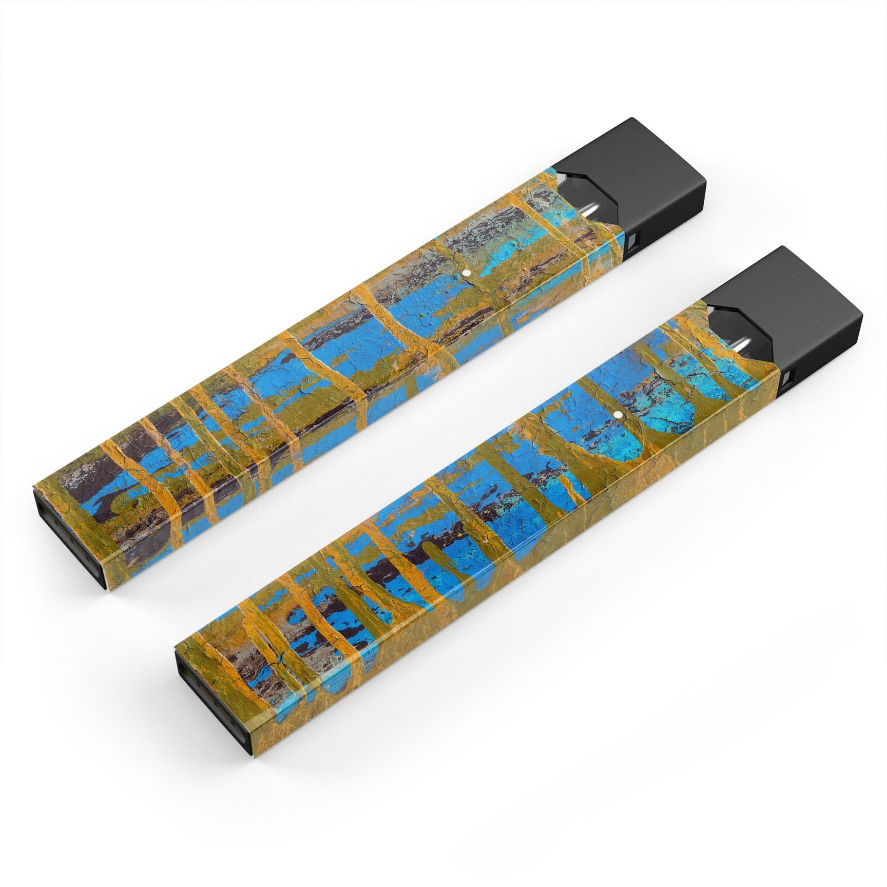 Abstract Gold and Teal Wet Paint skin-wrap for JUUL device, showcasing vibrant colors and sleek design.