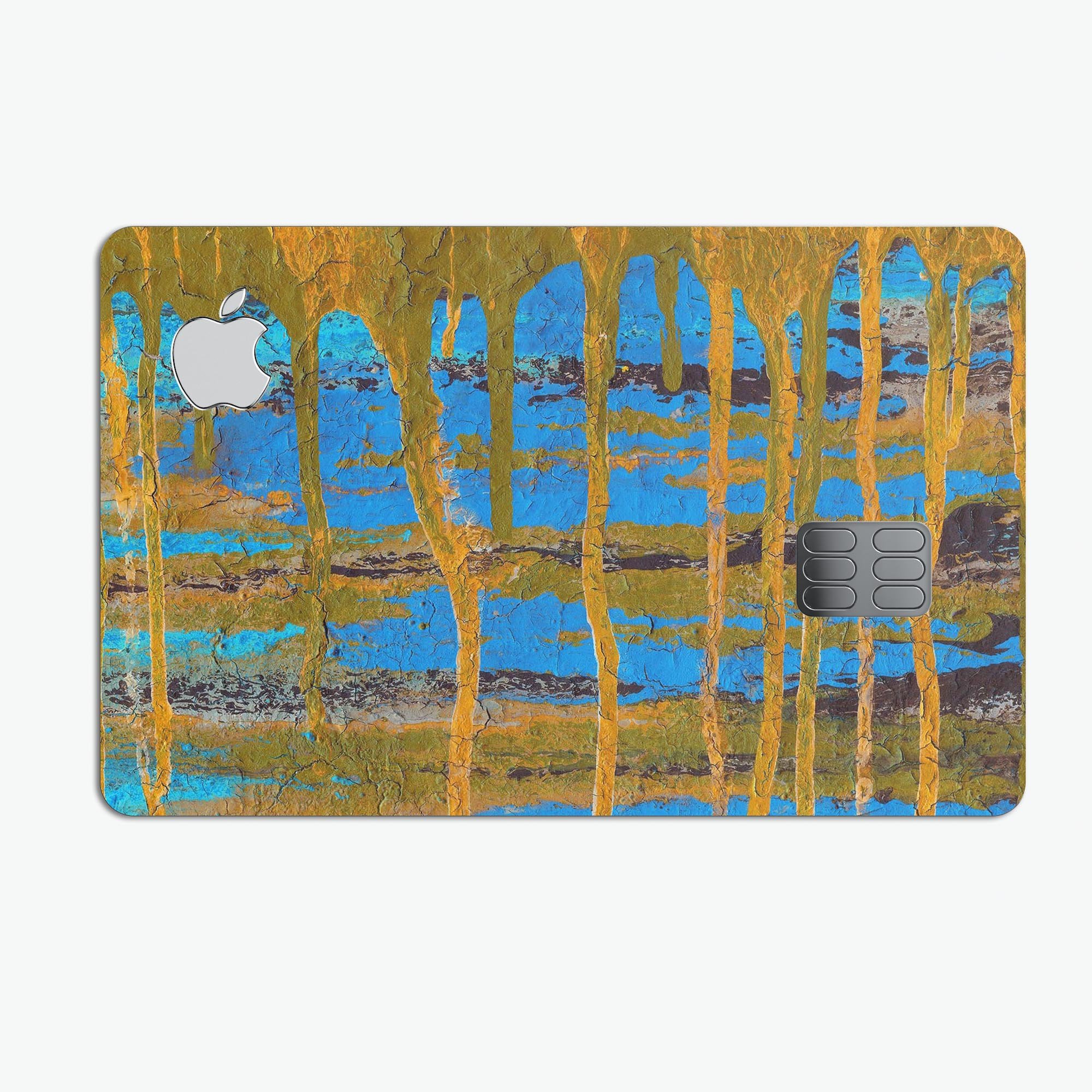 Abstract Gold and Teal Wet Paint skin for Apple Card, showcasing vibrant colors and a sleek design.