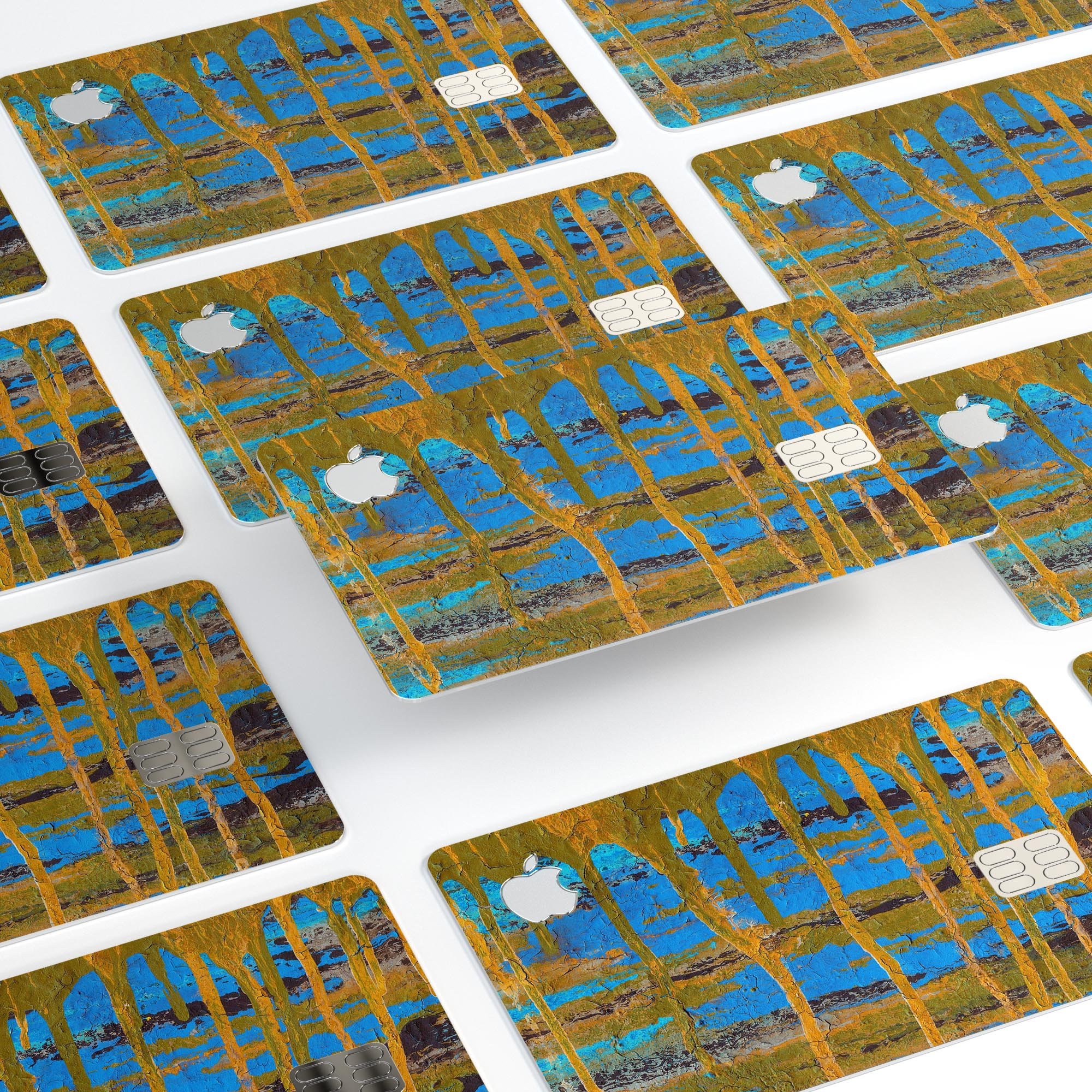 Abstract Gold and Teal Wet Paint skin for Apple Card, showcasing vibrant colors and a sleek design.