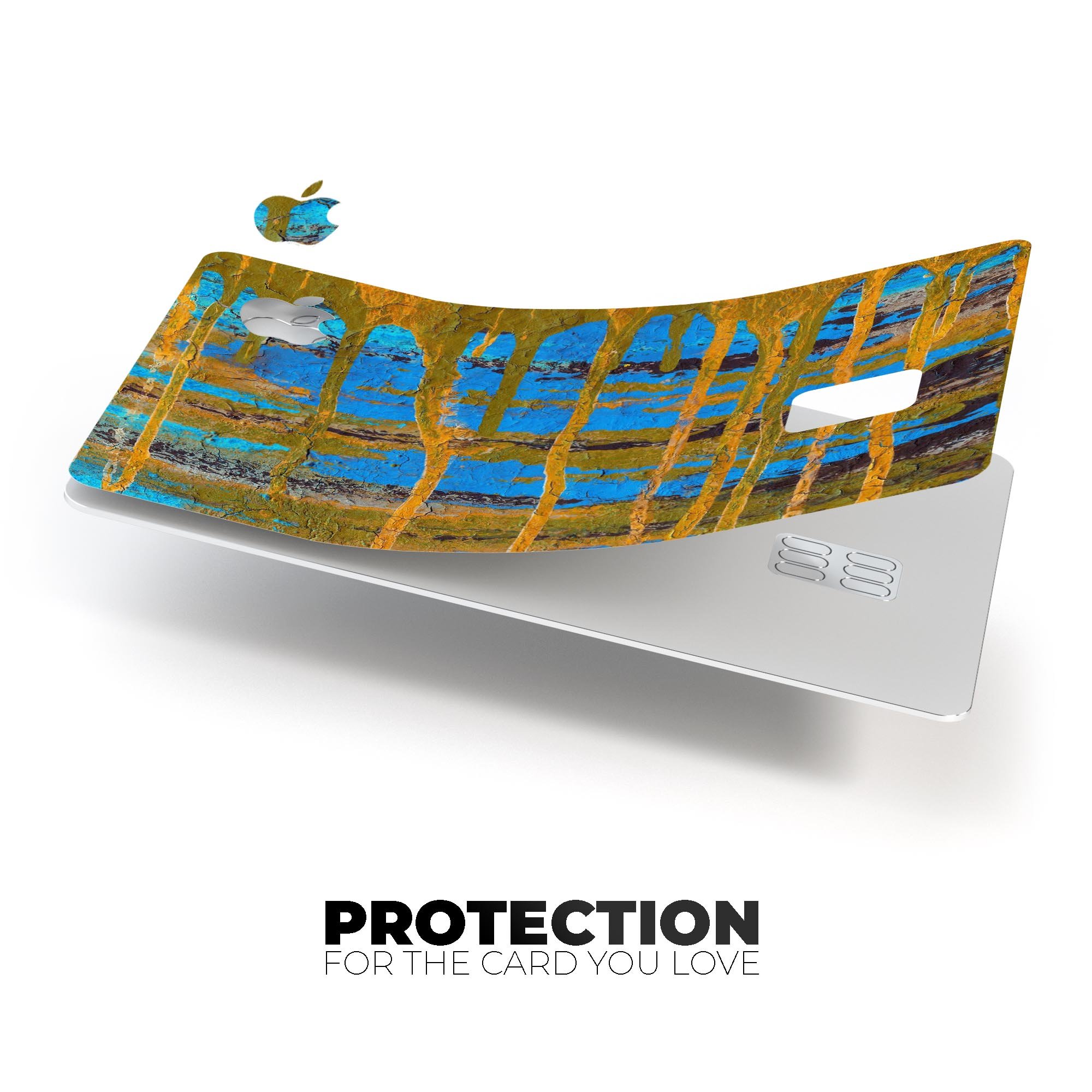 Abstract Gold and Teal Wet Paint skin for Apple Card, showcasing vibrant colors and a sleek design.