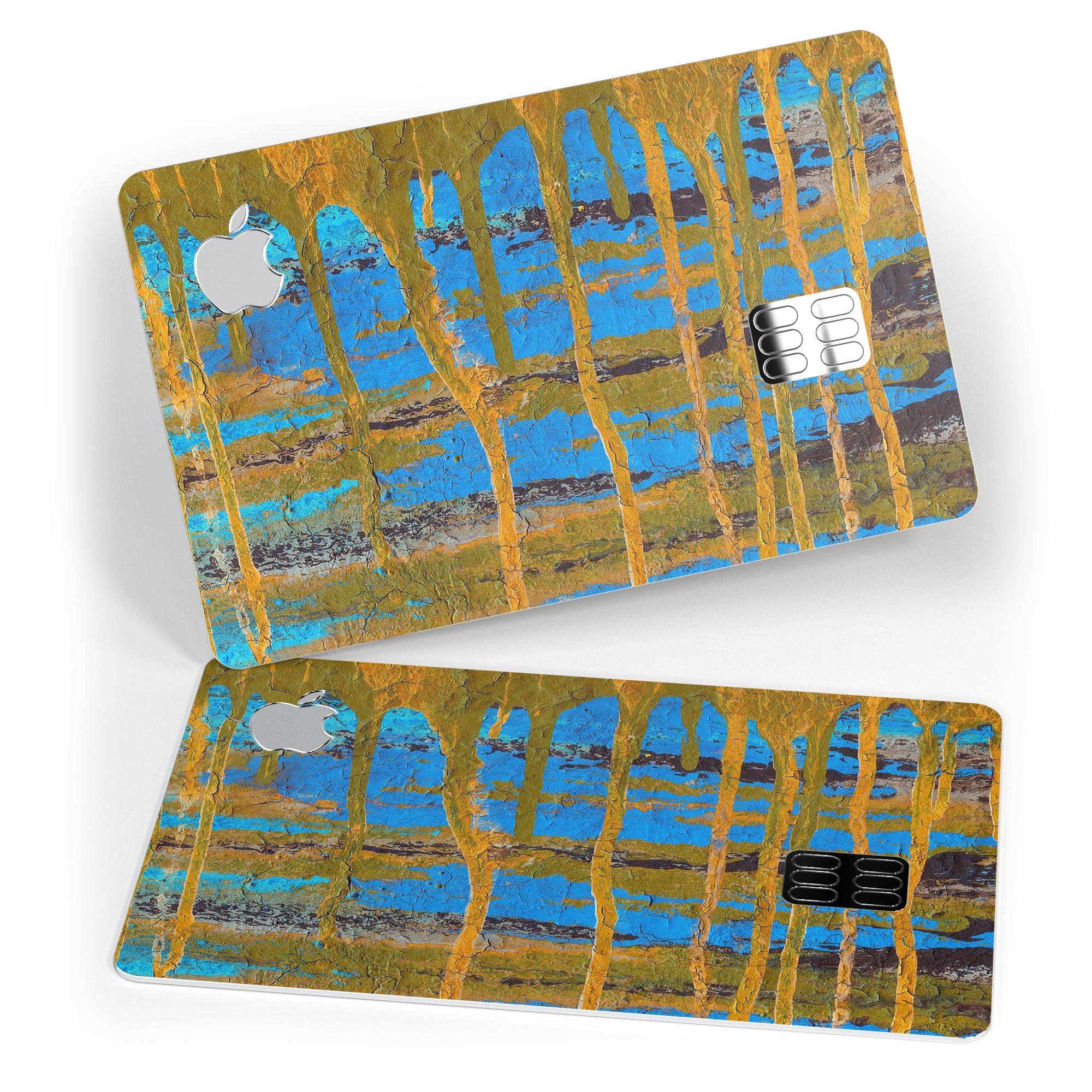 Abstract Gold and Teal Wet Paint skin for Apple Card, showcasing vibrant colors and a sleek design.