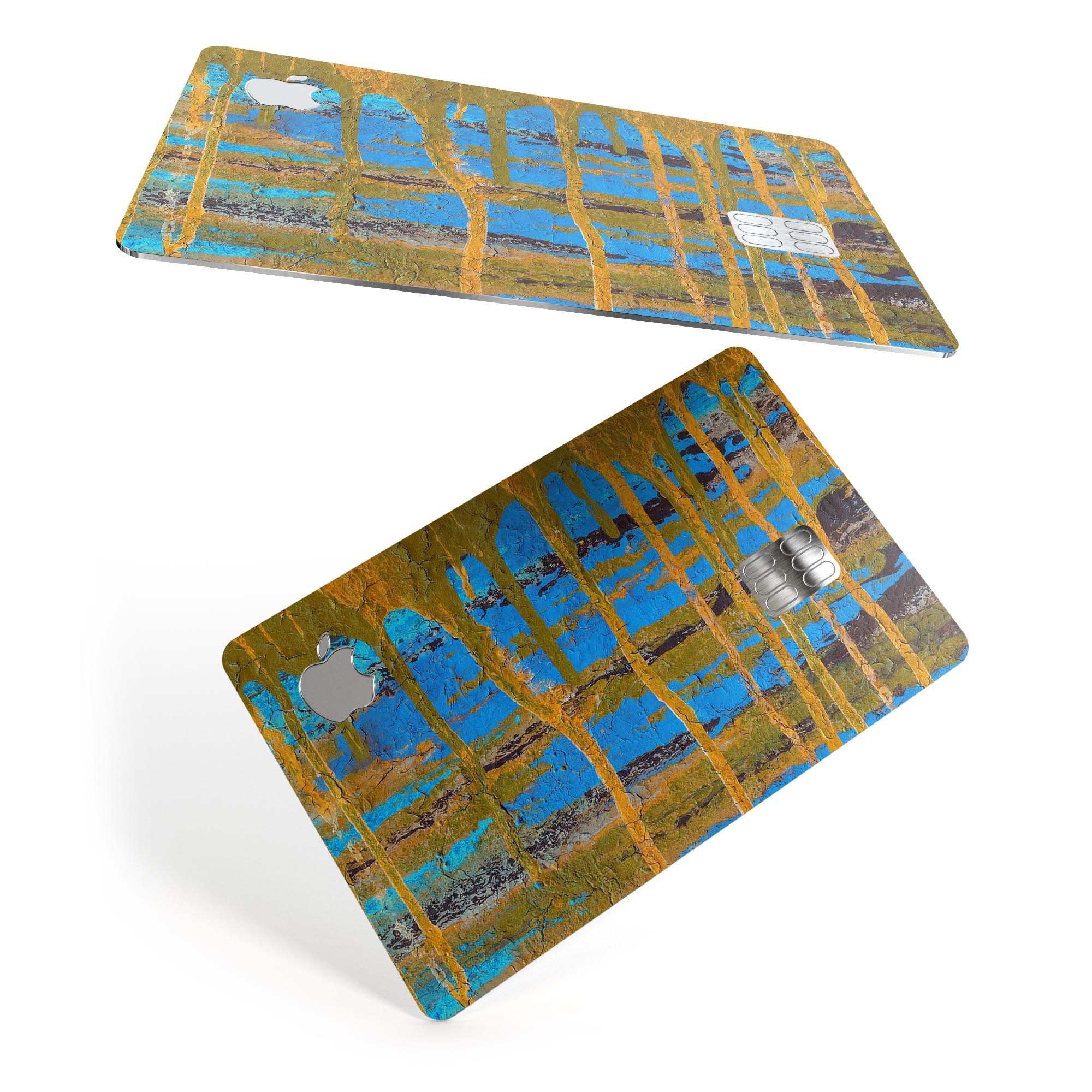 Abstract Gold and Teal Wet Paint skin for Apple Card, showcasing vibrant colors and a sleek design.