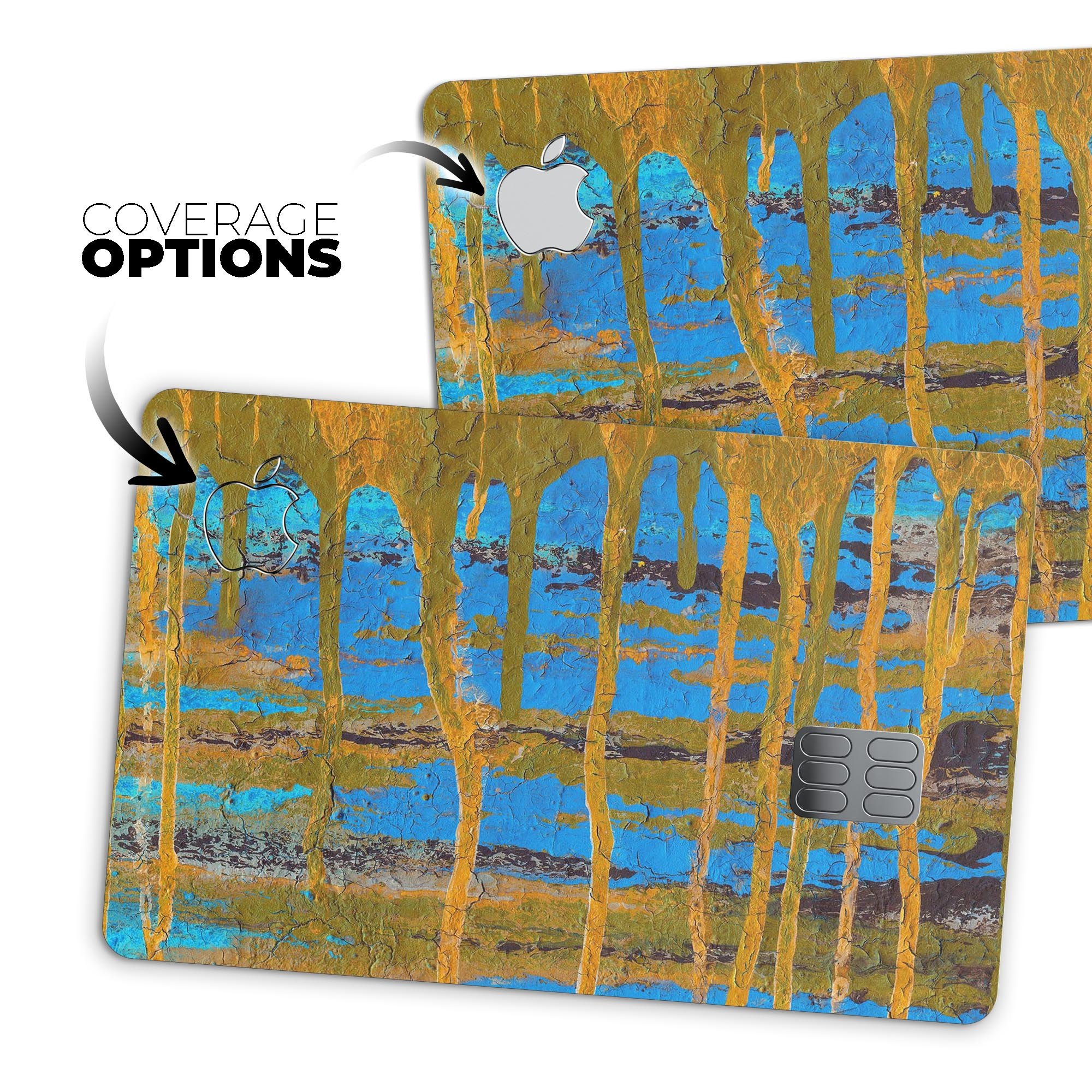 Abstract Gold and Teal Wet Paint skin for Apple Card, showcasing vibrant colors and a sleek design.