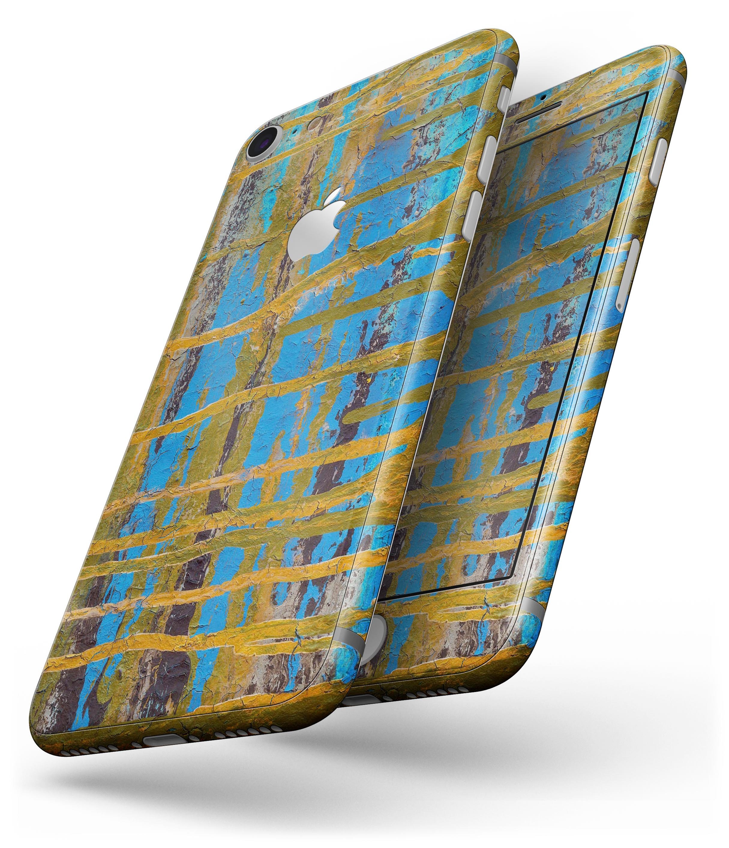 Abstract Gold and Teal Wet Paint skin for iPhone 8 and 8 Plus, showcasing vibrant colors and a sleek design.