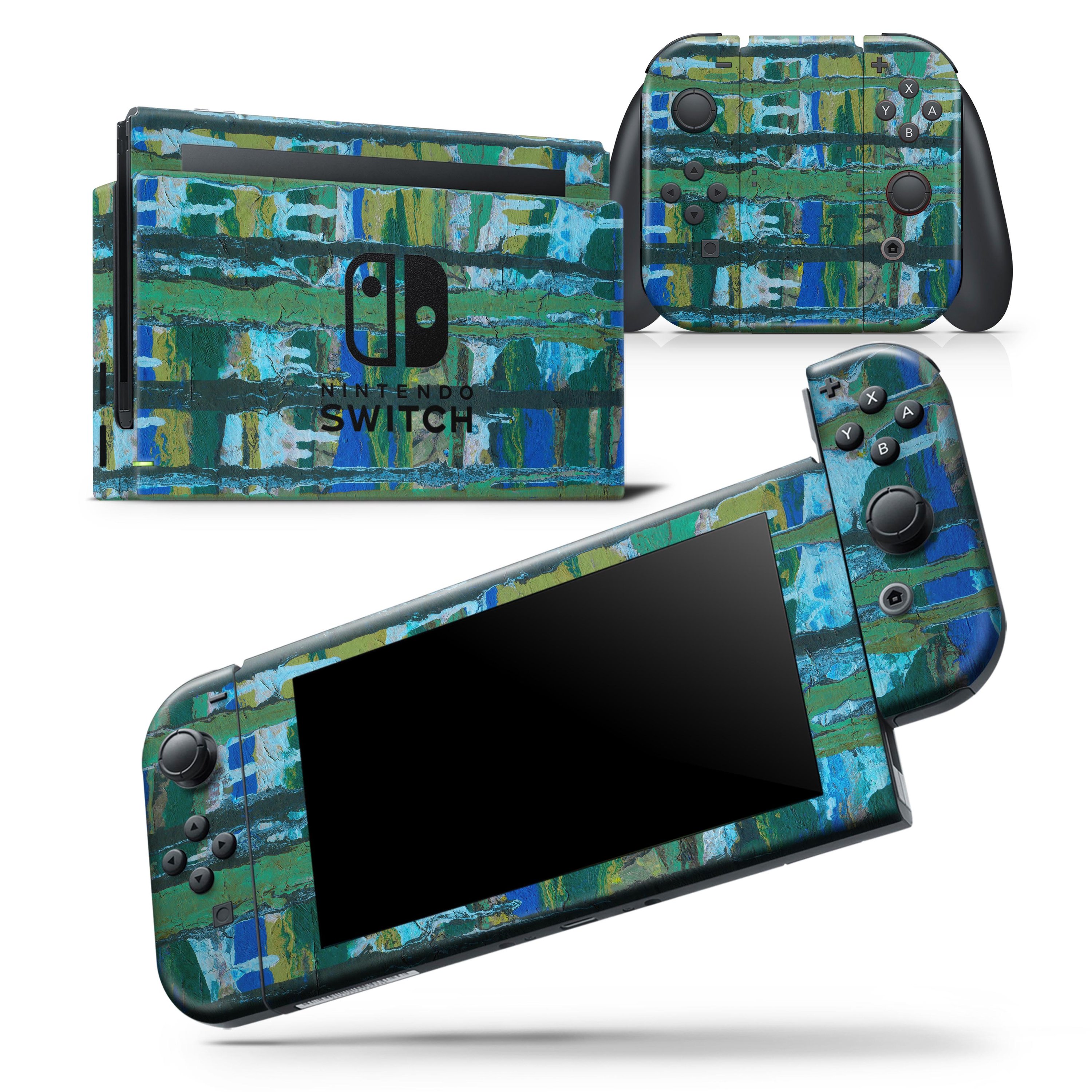 Abstract Green Plaid Paint Wall skin wrap decal for Nintendo Switch, showcasing a stylish design that fits the console and controllers perfectly.