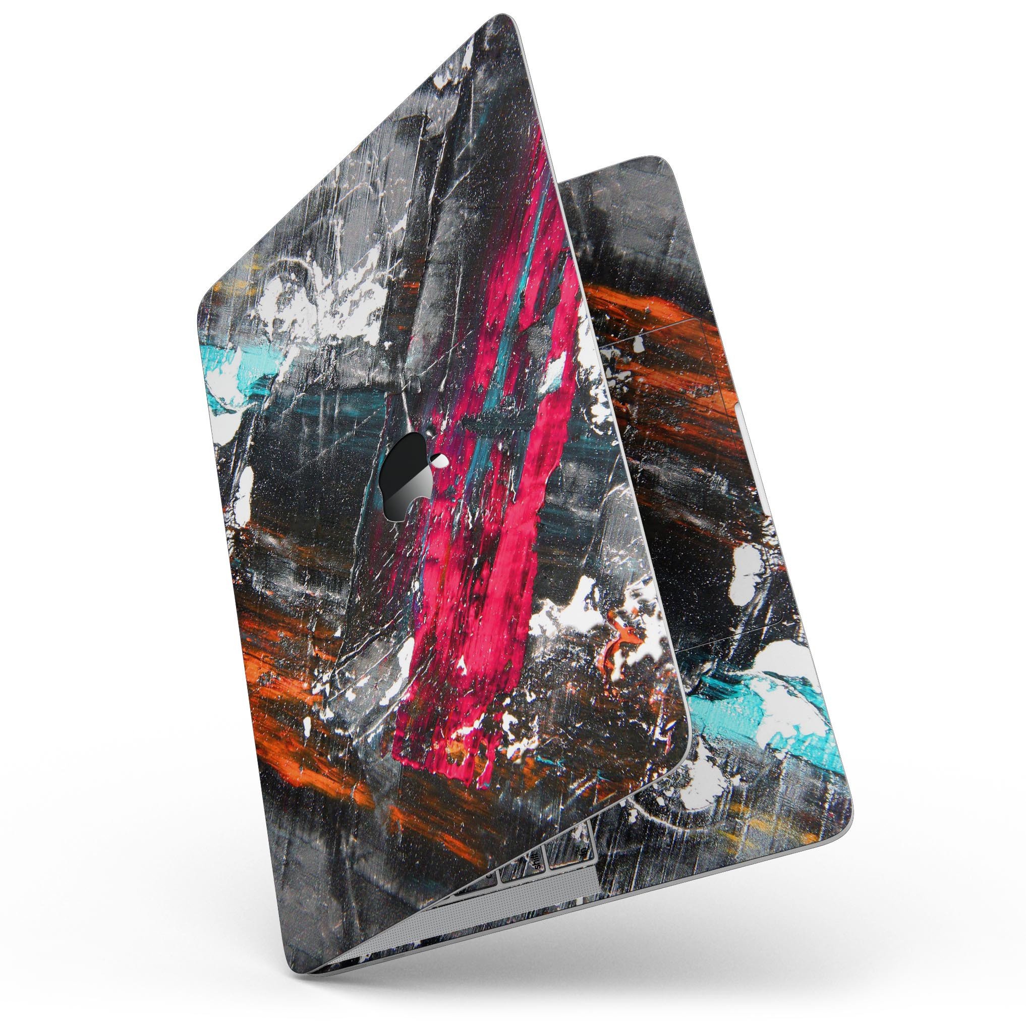 Abstract Grungy Oil Mess skin kit for 13" MacBook Pro without Touch Bar, showcasing a stylish design with vibrant colors and textures.