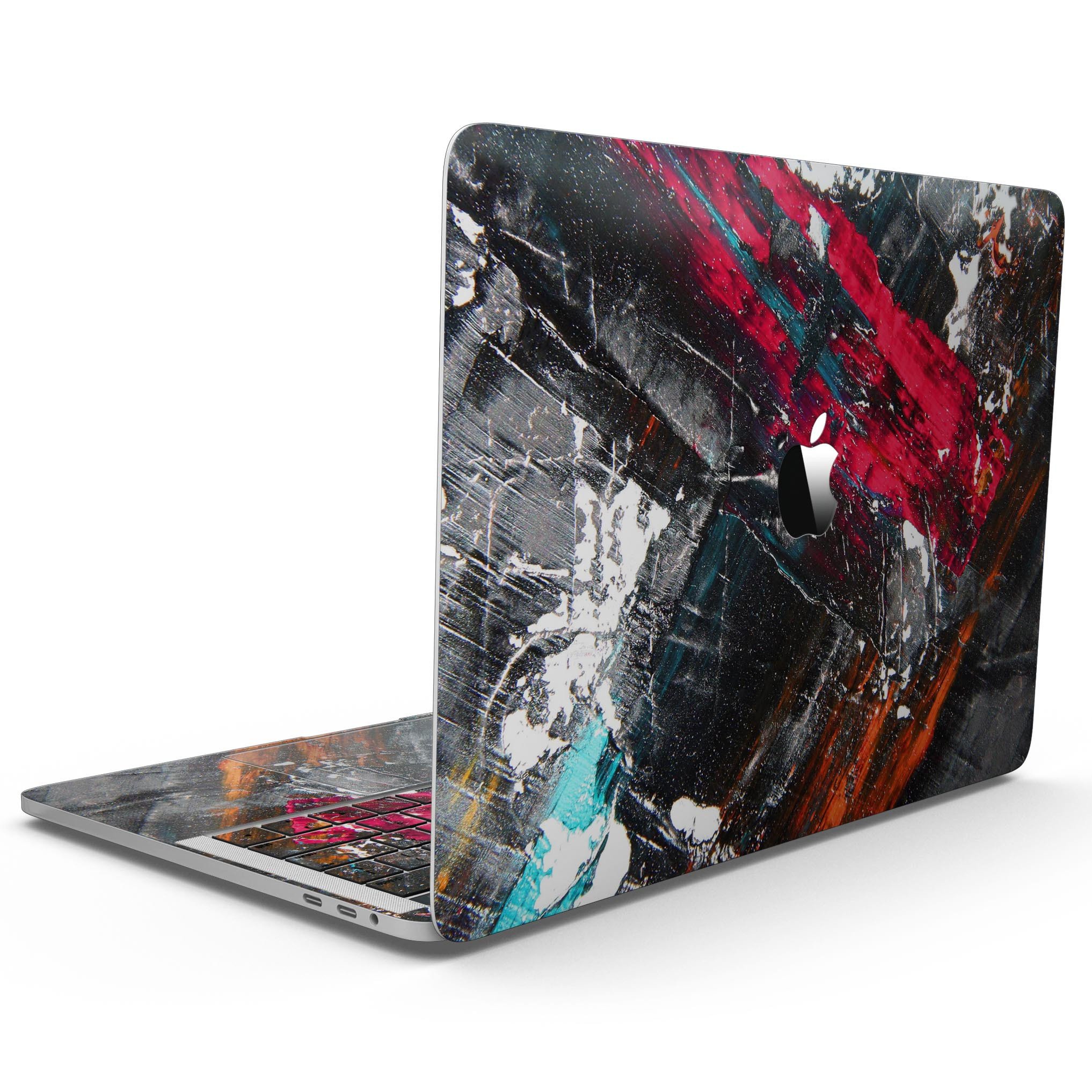 Abstract Grungy Oil Mess skin kit for 13" MacBook Pro without Touch Bar, showcasing a stylish design with vibrant colors and textures.