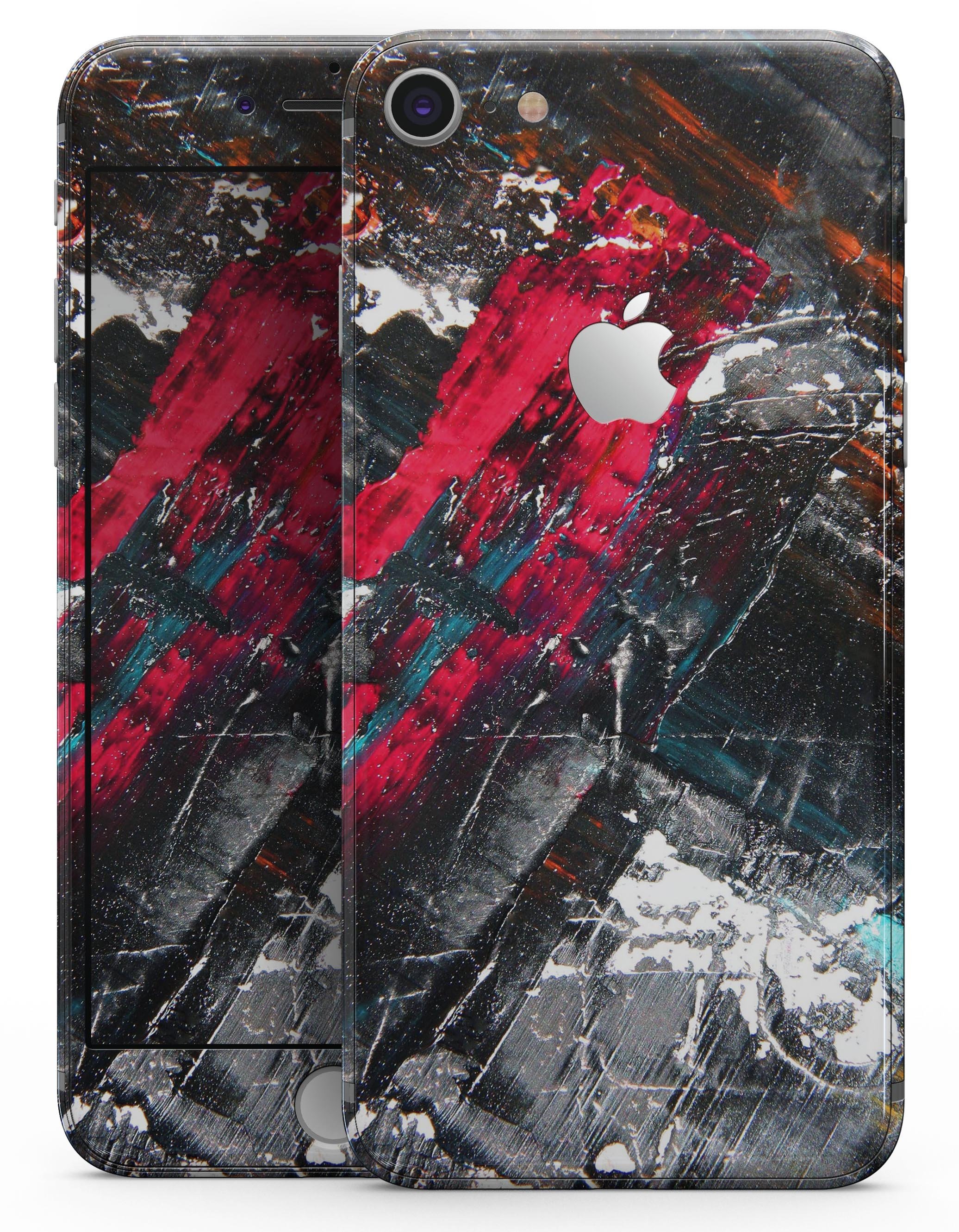 Abstract Grungy Oil Mess skin for iPhone 8 and 8 Plus, showcasing a unique design with vibrant colors and textures.