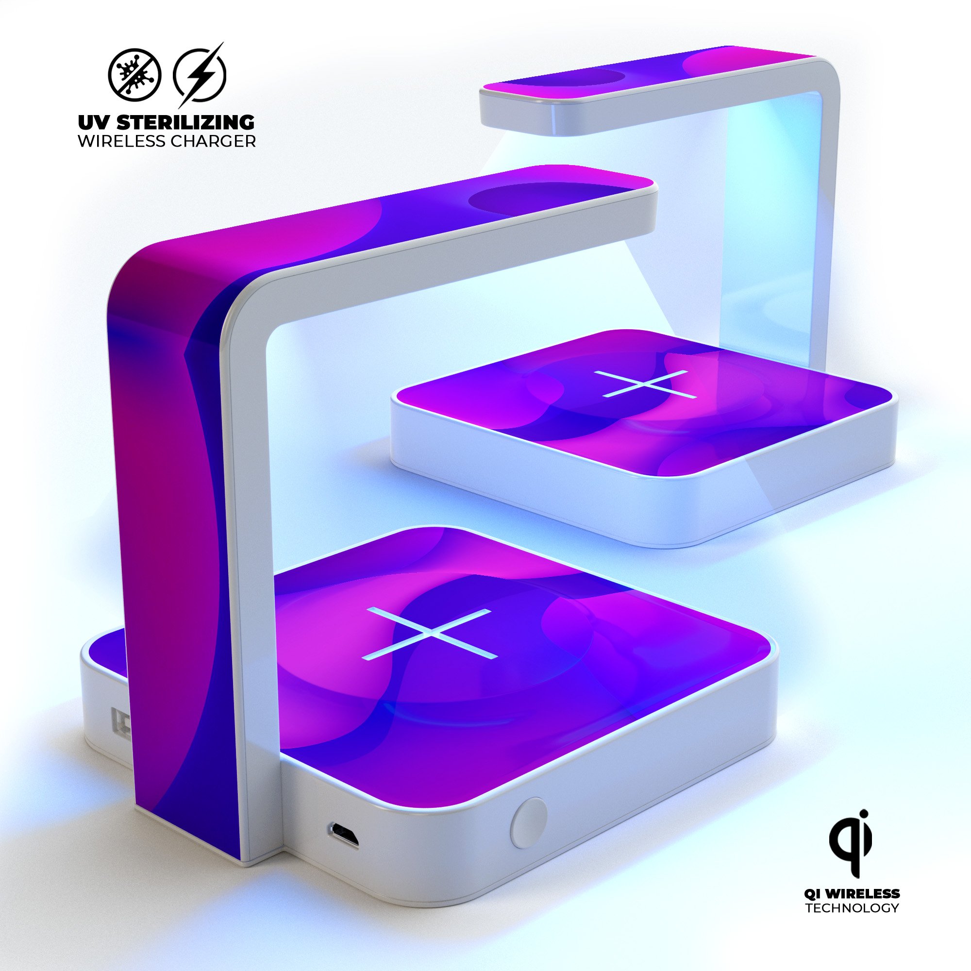 Abstract Neon Wave V11 UV Germicidal Sanitizing Wireless Charger with a sleek design, showcasing its sterilizing lamp and wireless charging pad.