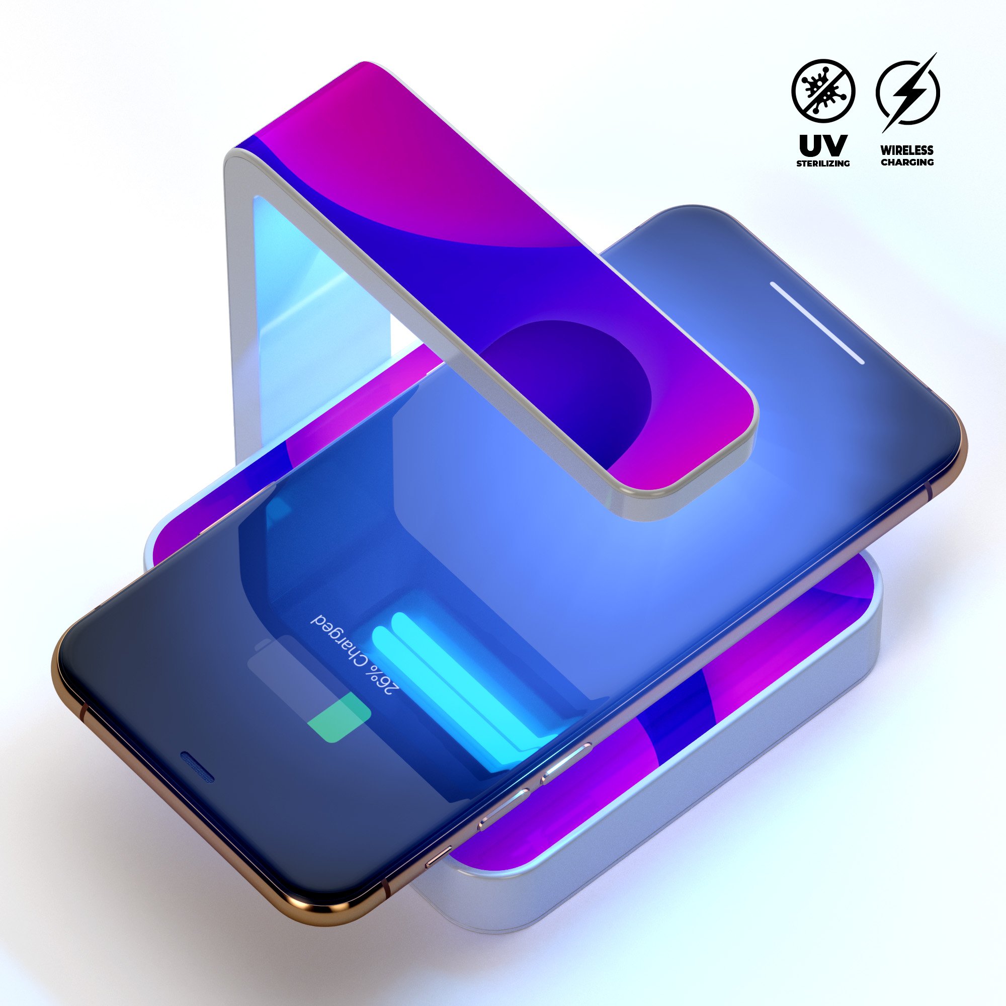 Abstract Neon Wave V11 UV Germicidal Sanitizing Wireless Charger with a sleek design, showcasing its sterilizing lamp and wireless charging pad.