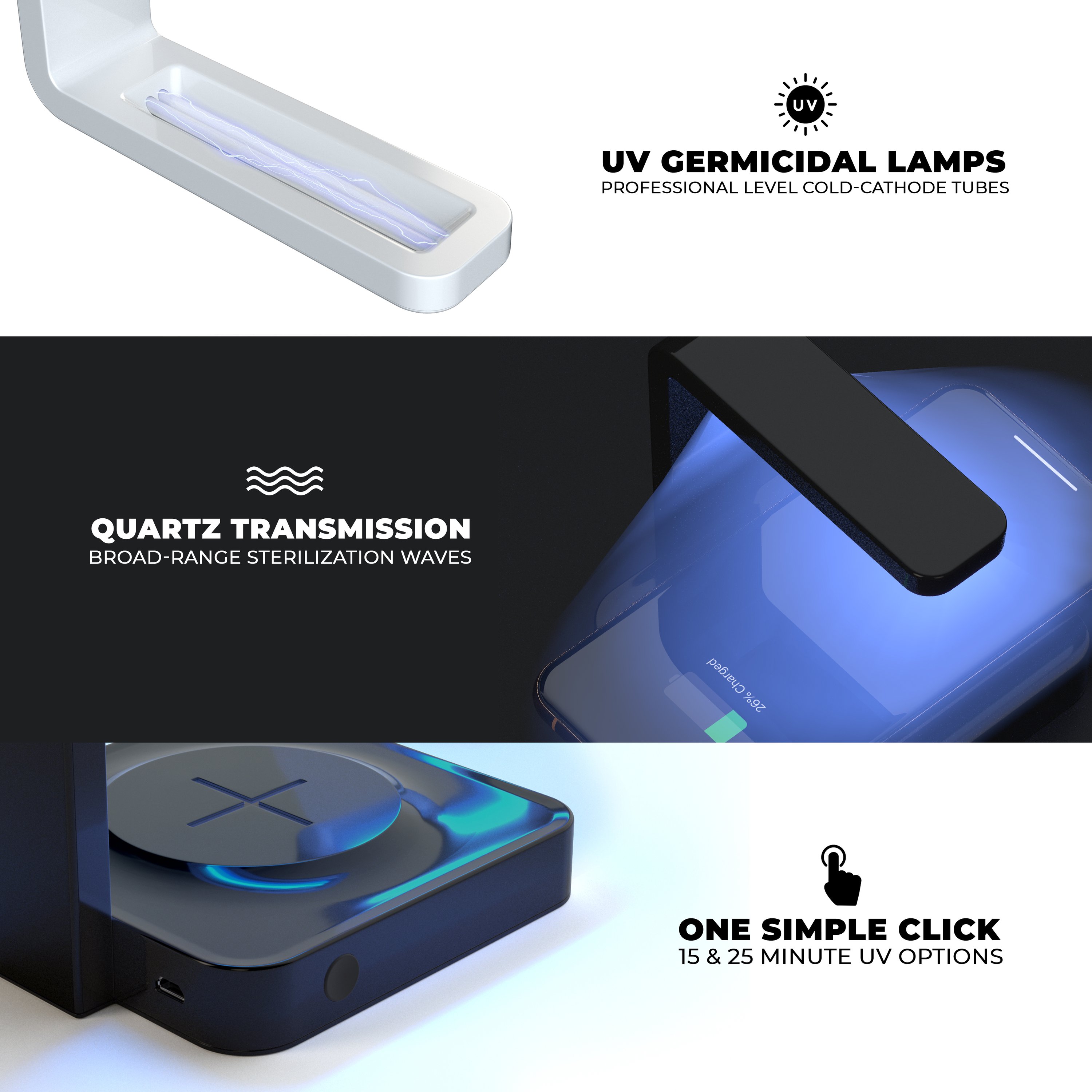 Abstract Neon Wave V11 UV Germicidal Sanitizing Wireless Charger with a sleek design, showcasing its sterilizing lamp and wireless charging pad.