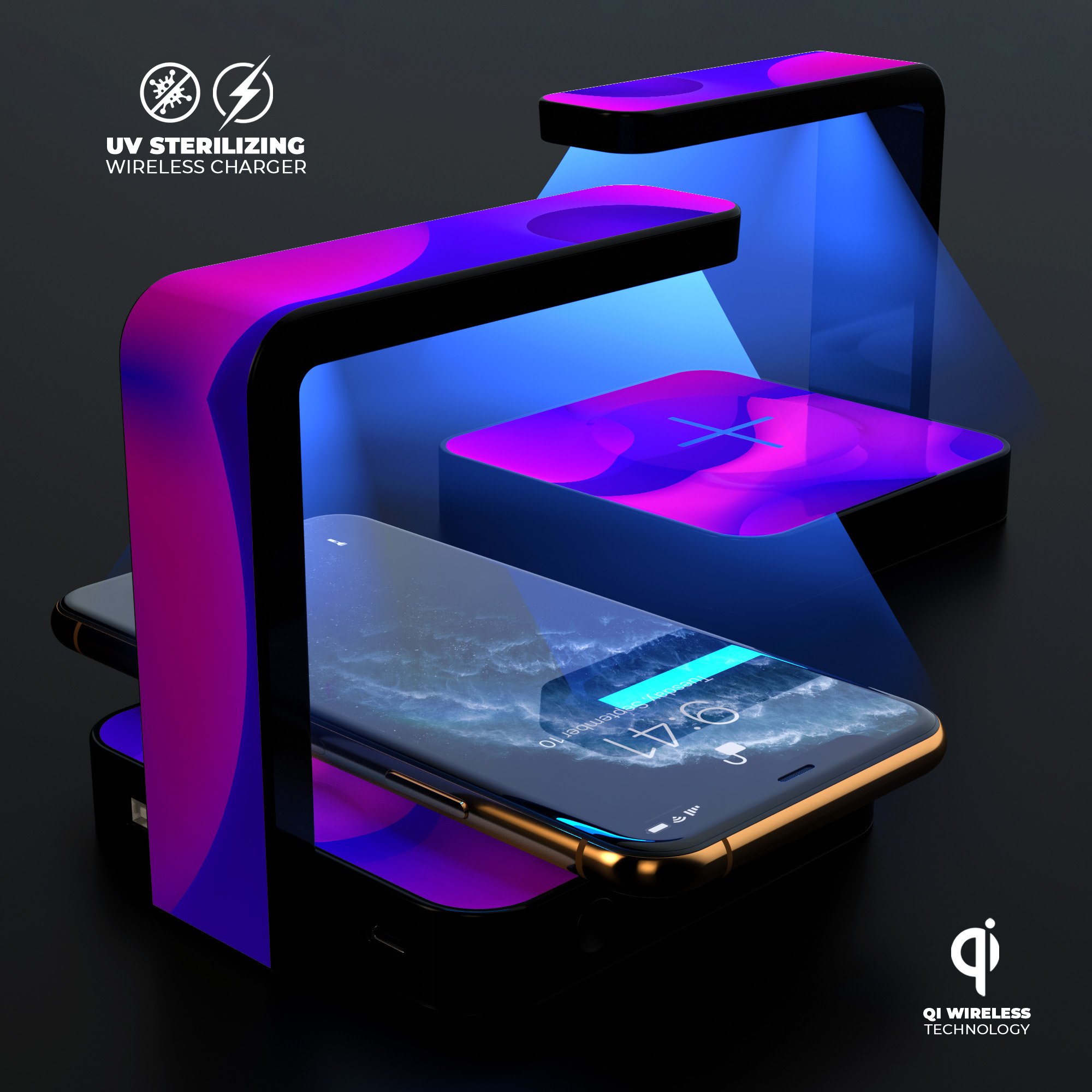 Abstract Neon Wave V11 UV Germicidal Sanitizing Wireless Charger with a sleek design, showcasing its sterilizing lamp and wireless charging pad.