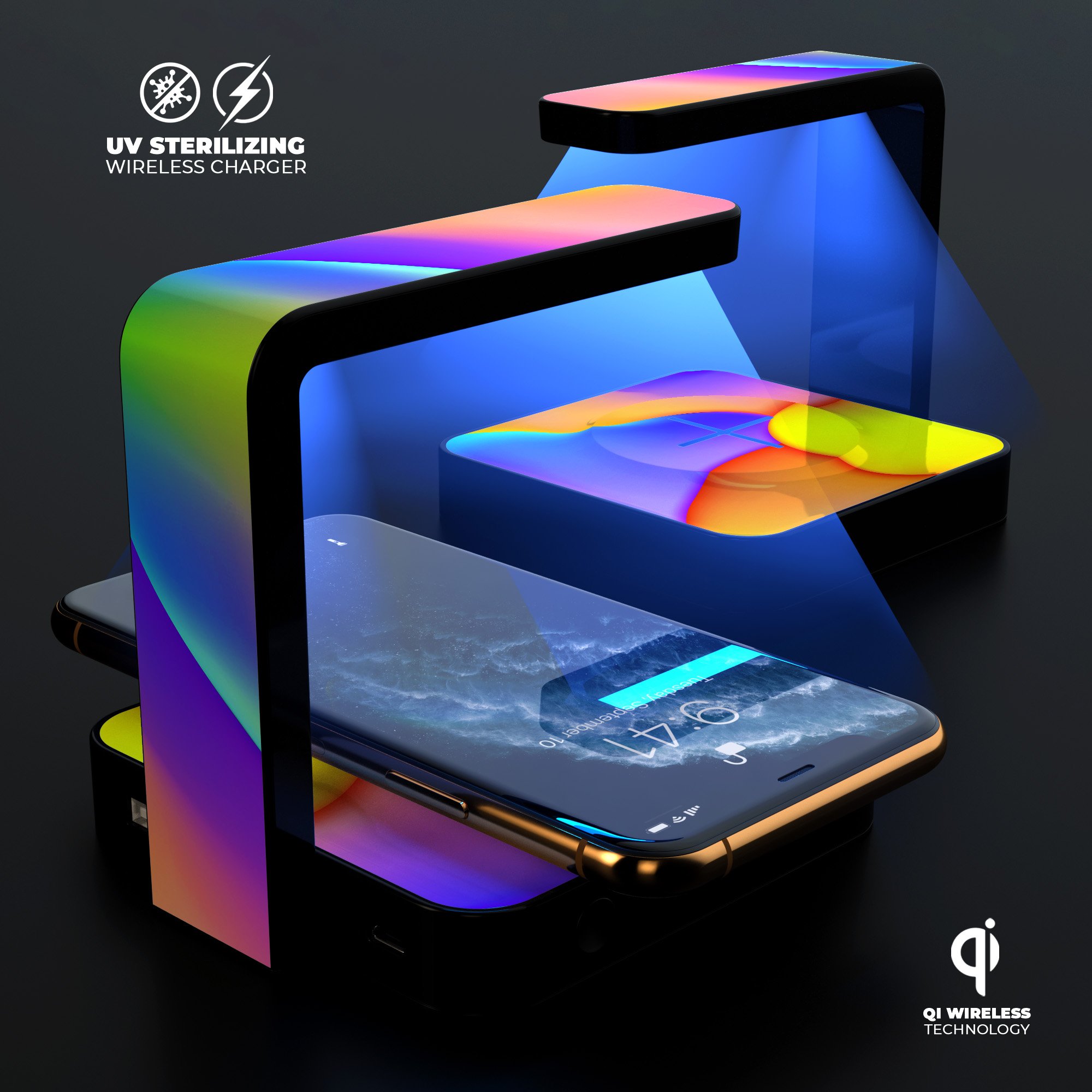 Abstract Neon Wave V4 UV Germicidal Sanitizing Wireless Charger with a sleek design, showcasing its sterilizing lamp and wireless charging pad.