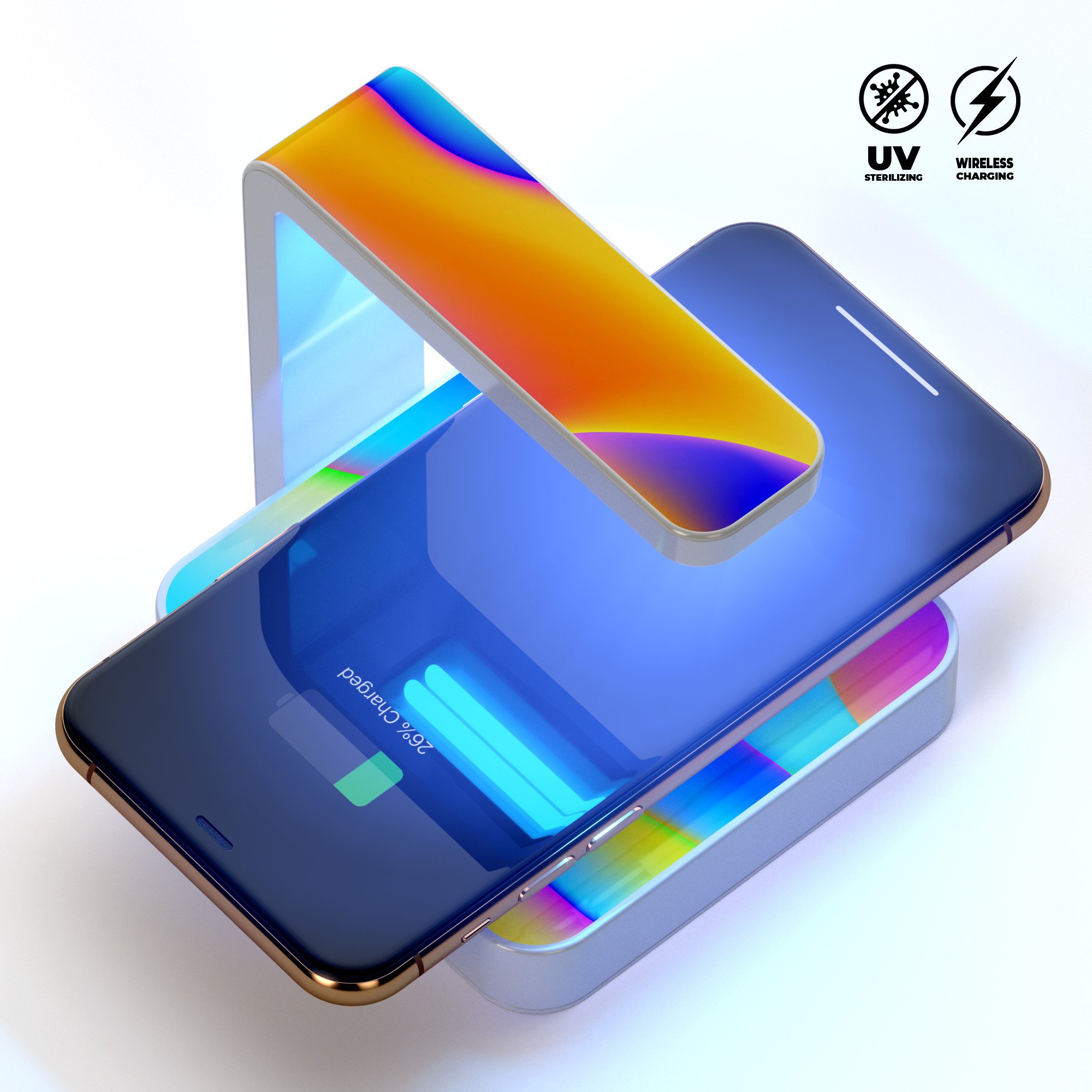 Abstract Neon Wave V7 UV Germicidal Sanitizing Wireless Charger with a sleek design, showcasing its sterilizing lamp and wireless charging pad.