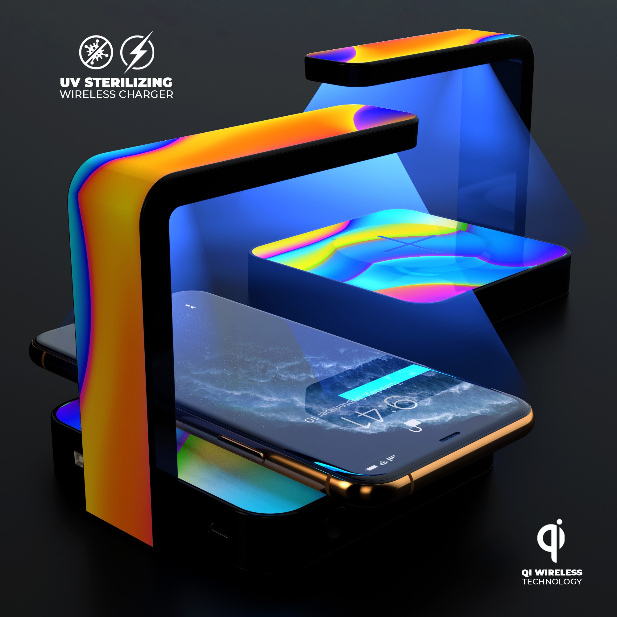 Abstract Neon Wave V7 UV Germicidal Sanitizing Wireless Charger with a sleek design, showcasing its sterilizing lamp and wireless charging pad.