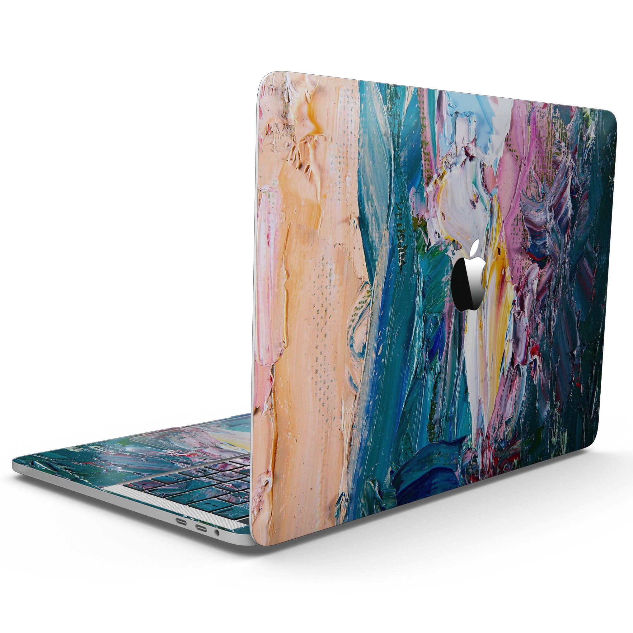 Abstract Oil Strokes skin kit for 13-inch MacBook Pro without Touch Bar, showcasing vibrant colors and unique design.