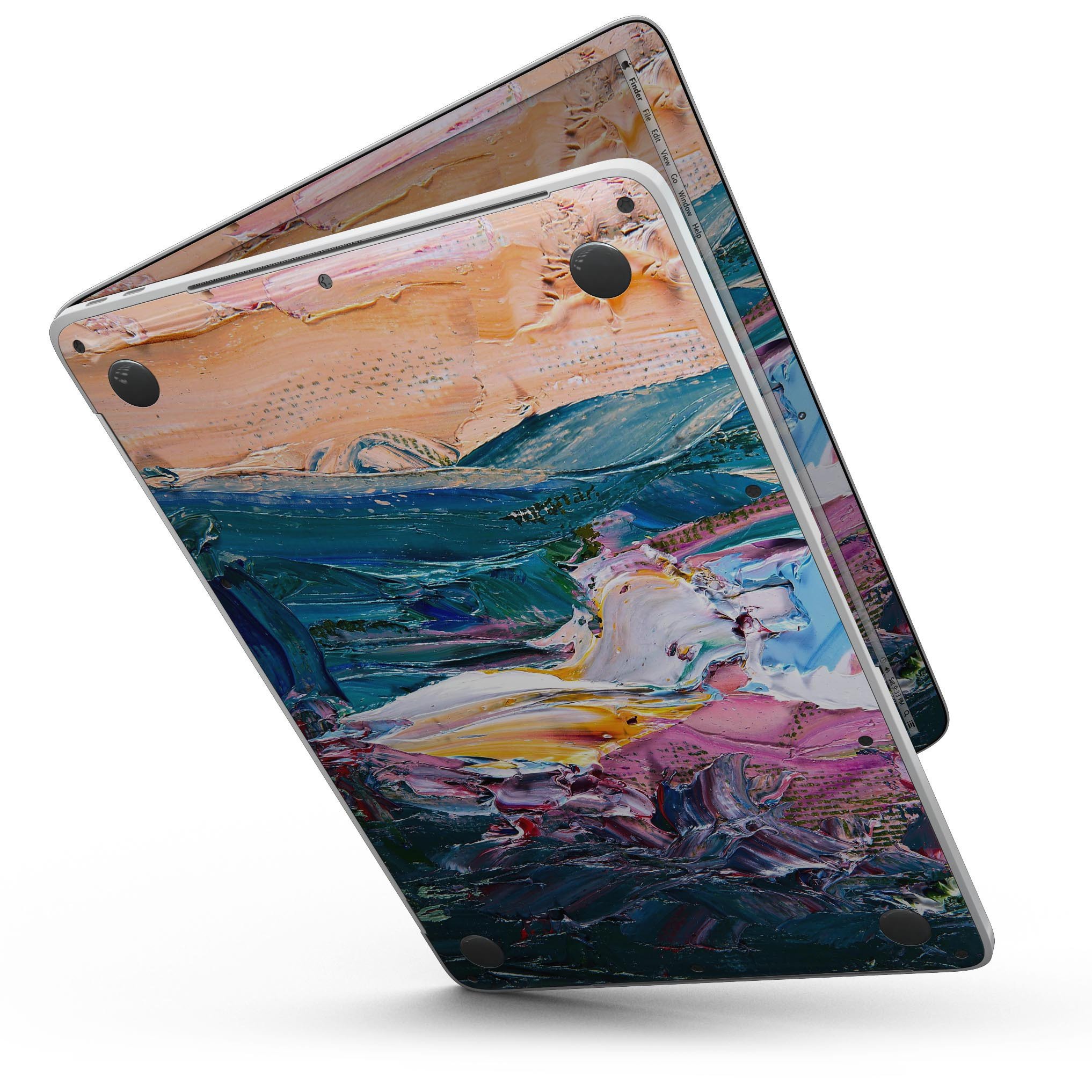 Abstract Oil Strokes skin kit for 13-inch MacBook Pro without Touch Bar, showcasing vibrant colors and unique design.