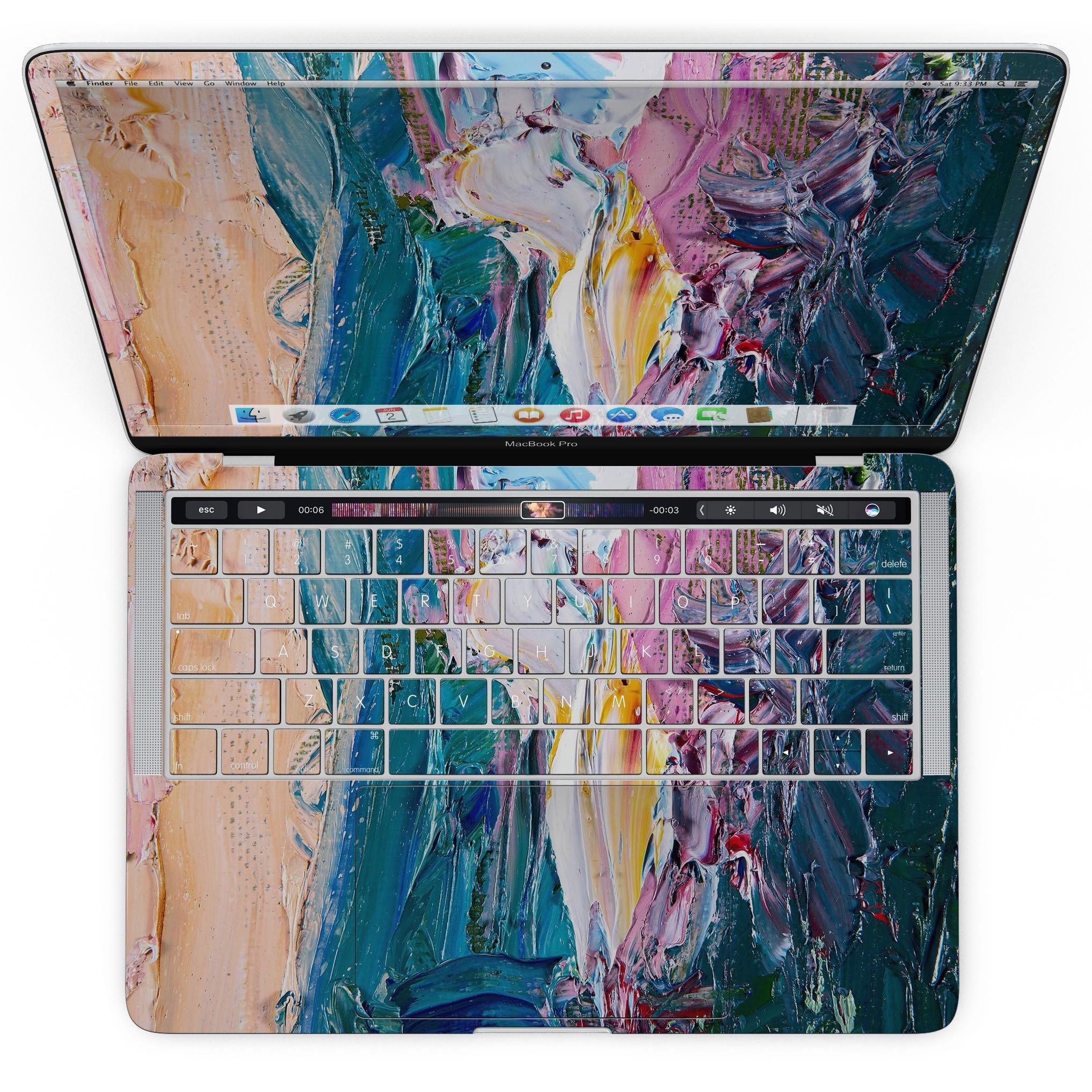 Abstract Oil Strokes skin kit for MacBook Pro with Touch Bar, showcasing vibrant colors and unique design.