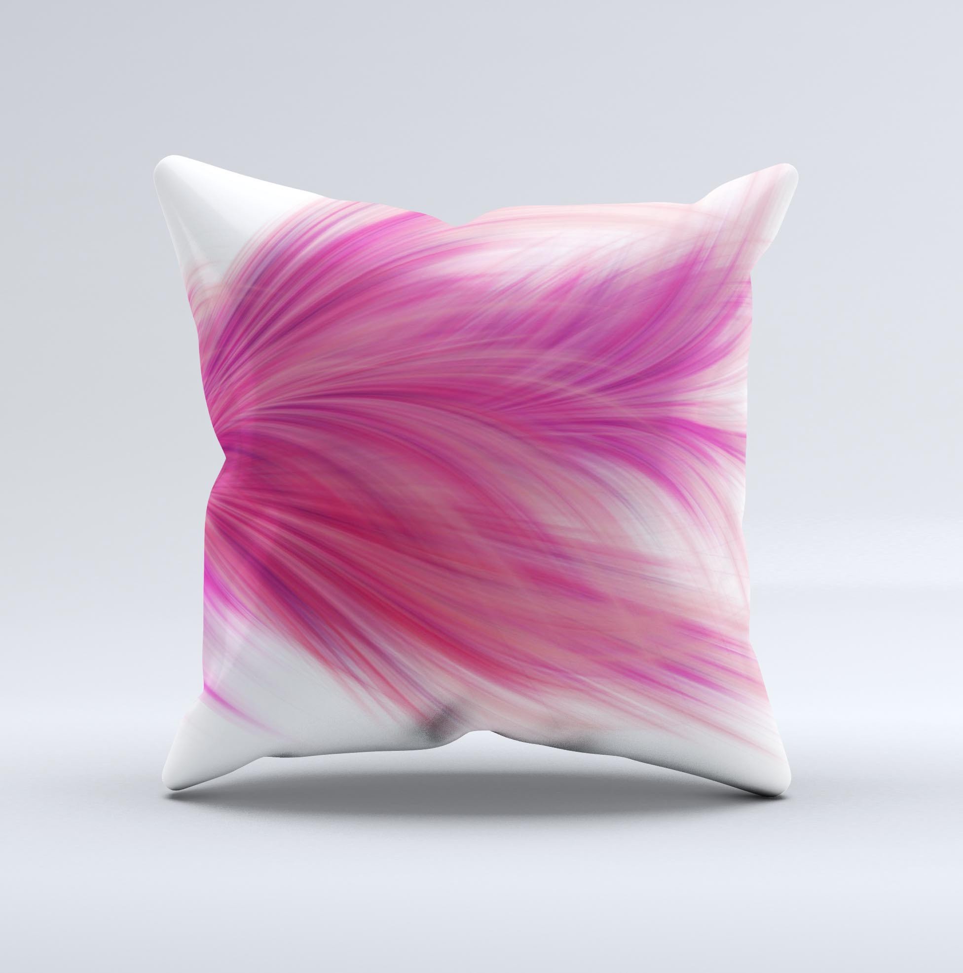 Abstract pink decorative throw pillow with flowing feather design, handcrafted in Virginia, showcasing unique imperfections.