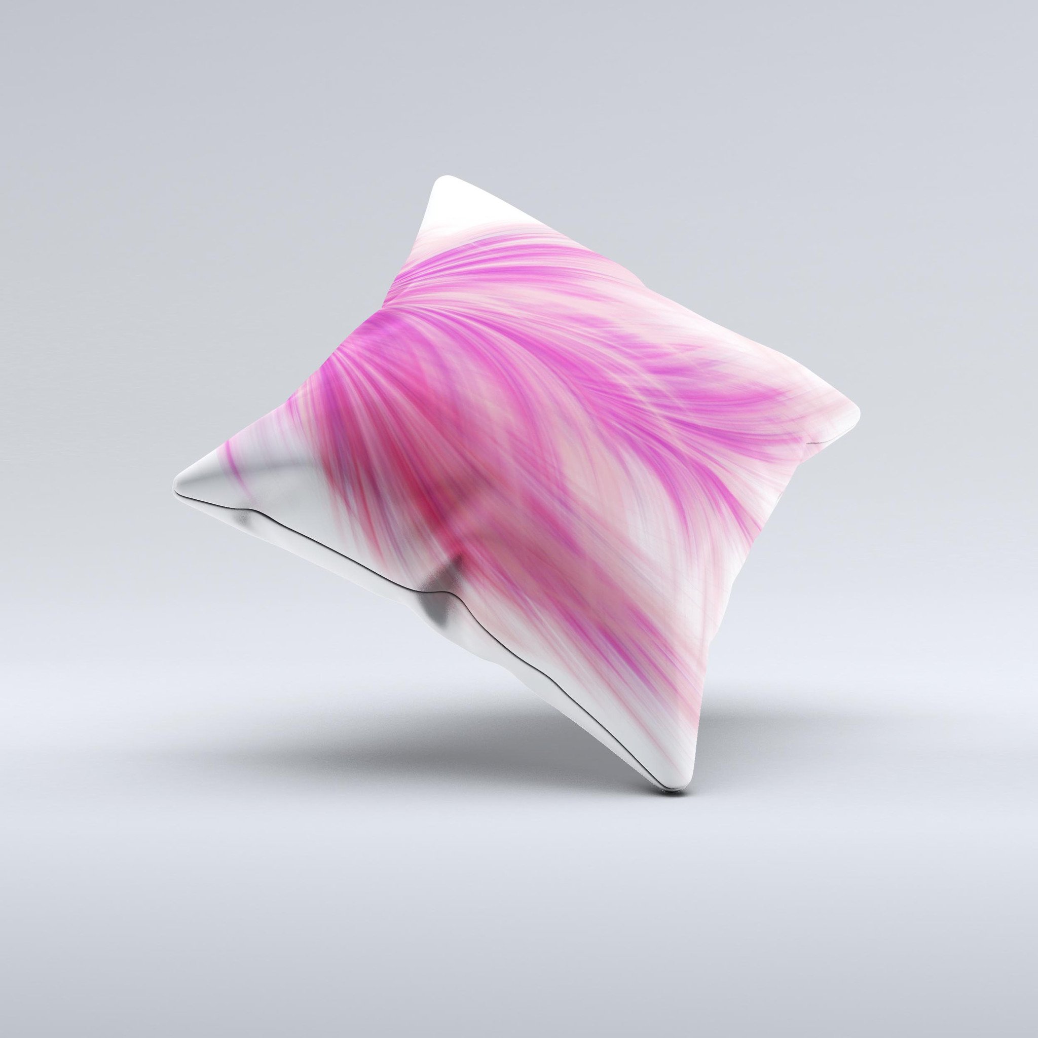 Abstract pink decorative throw pillow with flowing feather design, handcrafted in Virginia, showcasing unique imperfections.