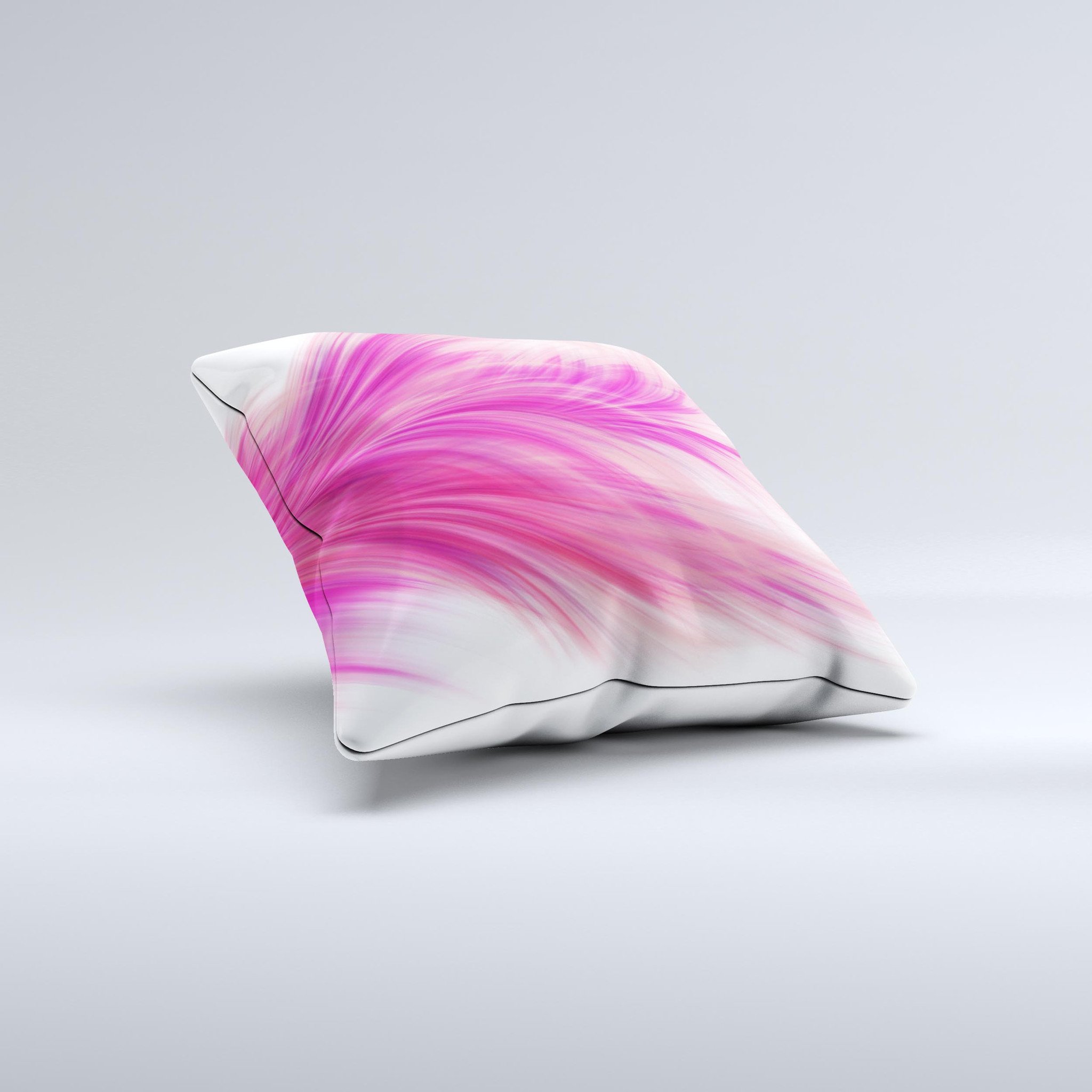 Abstract pink decorative throw pillow with flowing feather design, handcrafted in Virginia, showcasing unique imperfections.