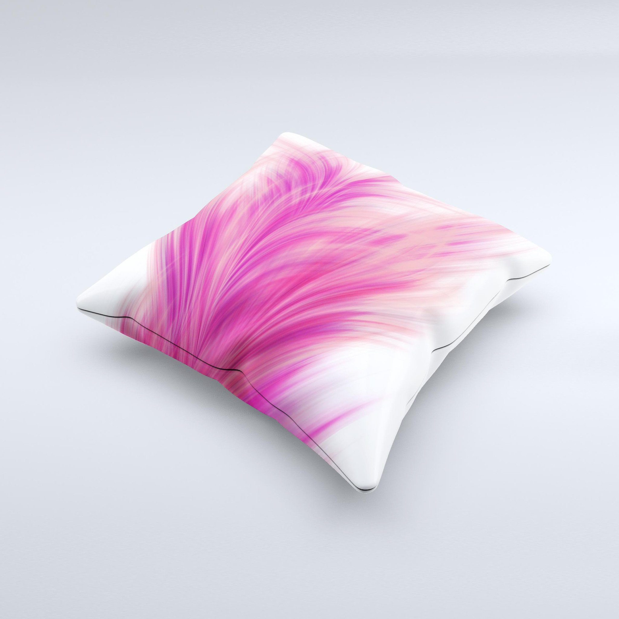 Abstract pink decorative throw pillow with flowing feather design, handcrafted in Virginia, showcasing unique imperfections.