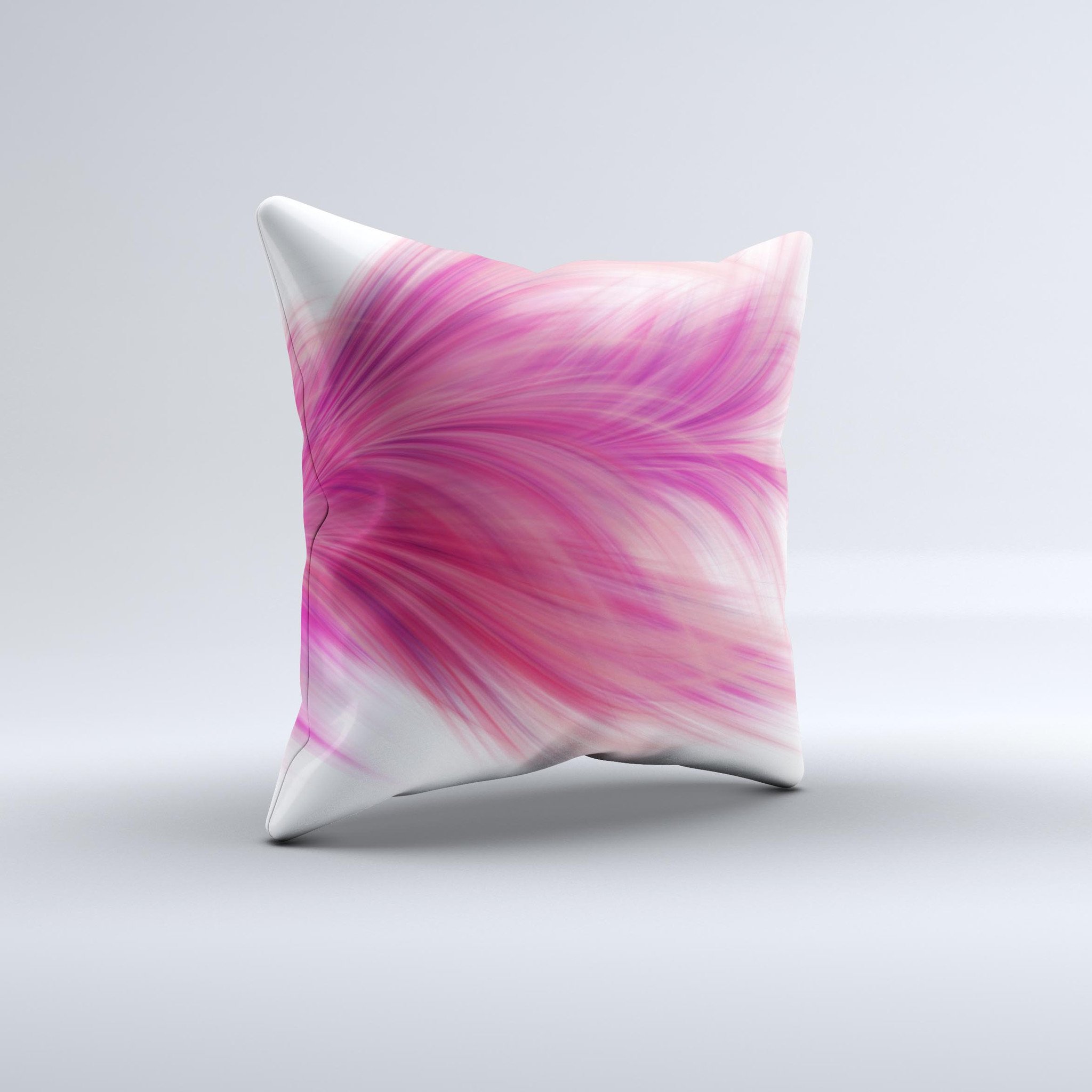 Abstract pink decorative throw pillow with flowing feather design, handcrafted in Virginia, showcasing unique imperfections.