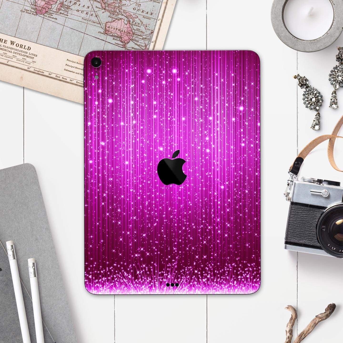 Abstract Pink Neon Rain Curtain skin decal for Apple devices, showcasing vibrant colors and sleek design.