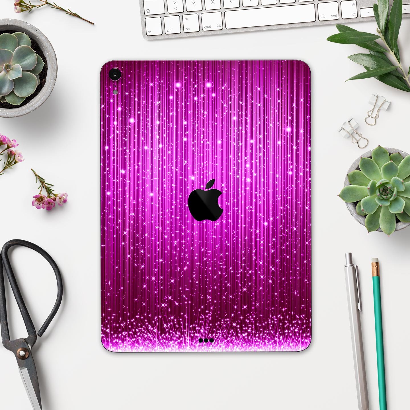 Abstract Pink Neon Rain Curtain skin decal for Apple devices, showcasing vibrant colors and sleek design.