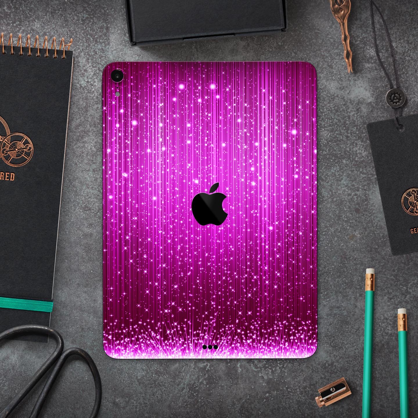 Abstract Pink Neon Rain Curtain skin decal for Apple devices, showcasing vibrant colors and sleek design.