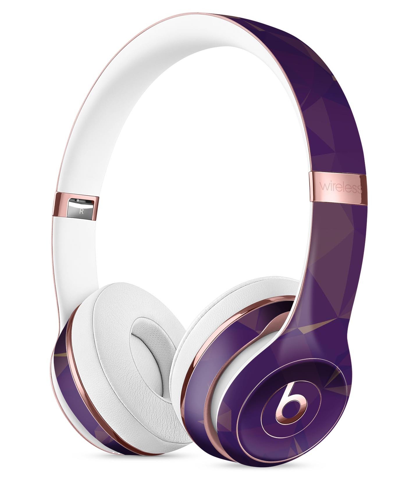 Abstract Purple and Gold Geometric Shapes Skin Kit for Beats by Dre Solo 3 Wireless Headphones, showcasing vibrant colors and geometric patterns.