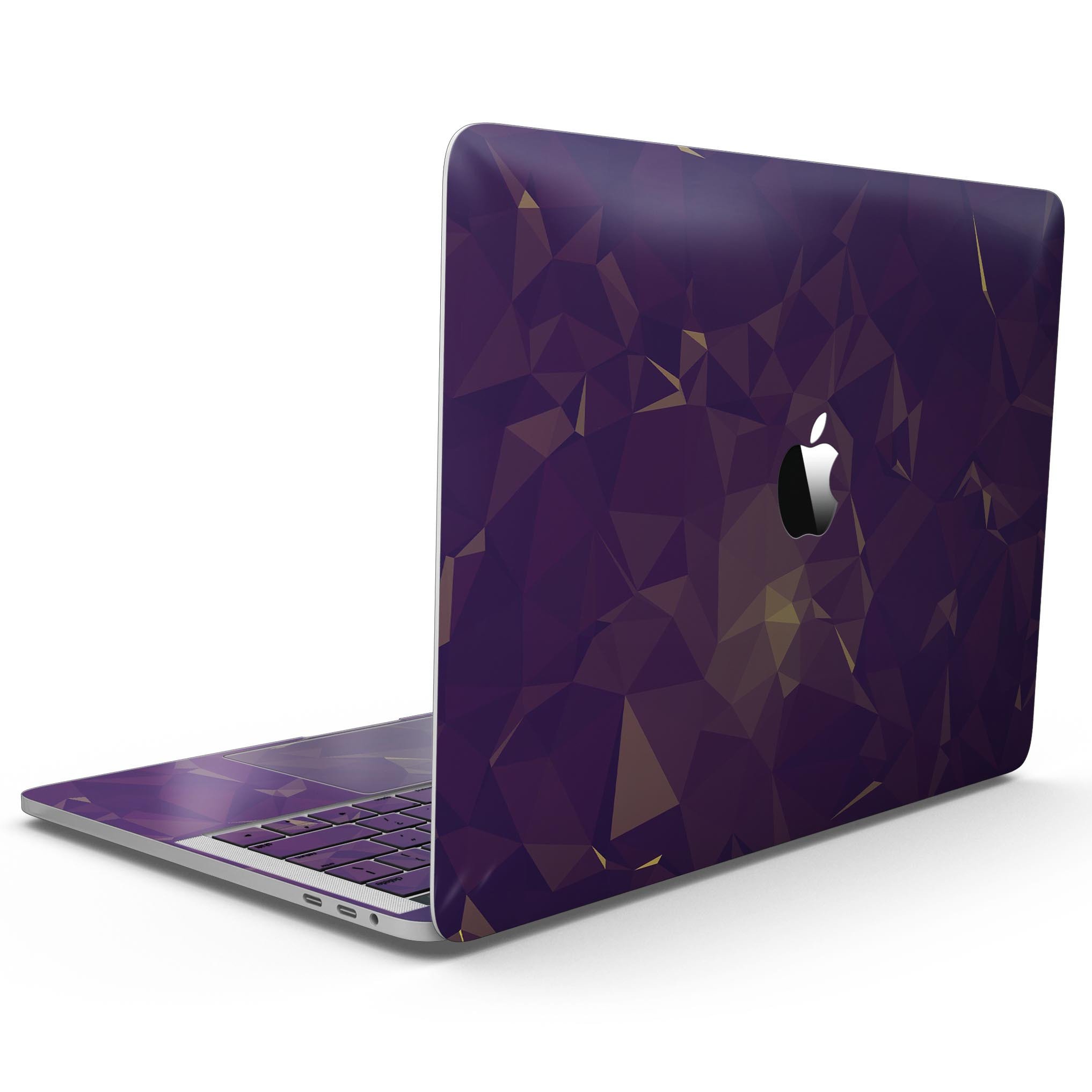 Abstract Purple and Gold Geometric Shapes skin for MacBook Pro with Touch Bar, showcasing a vibrant design that enhances device aesthetics.