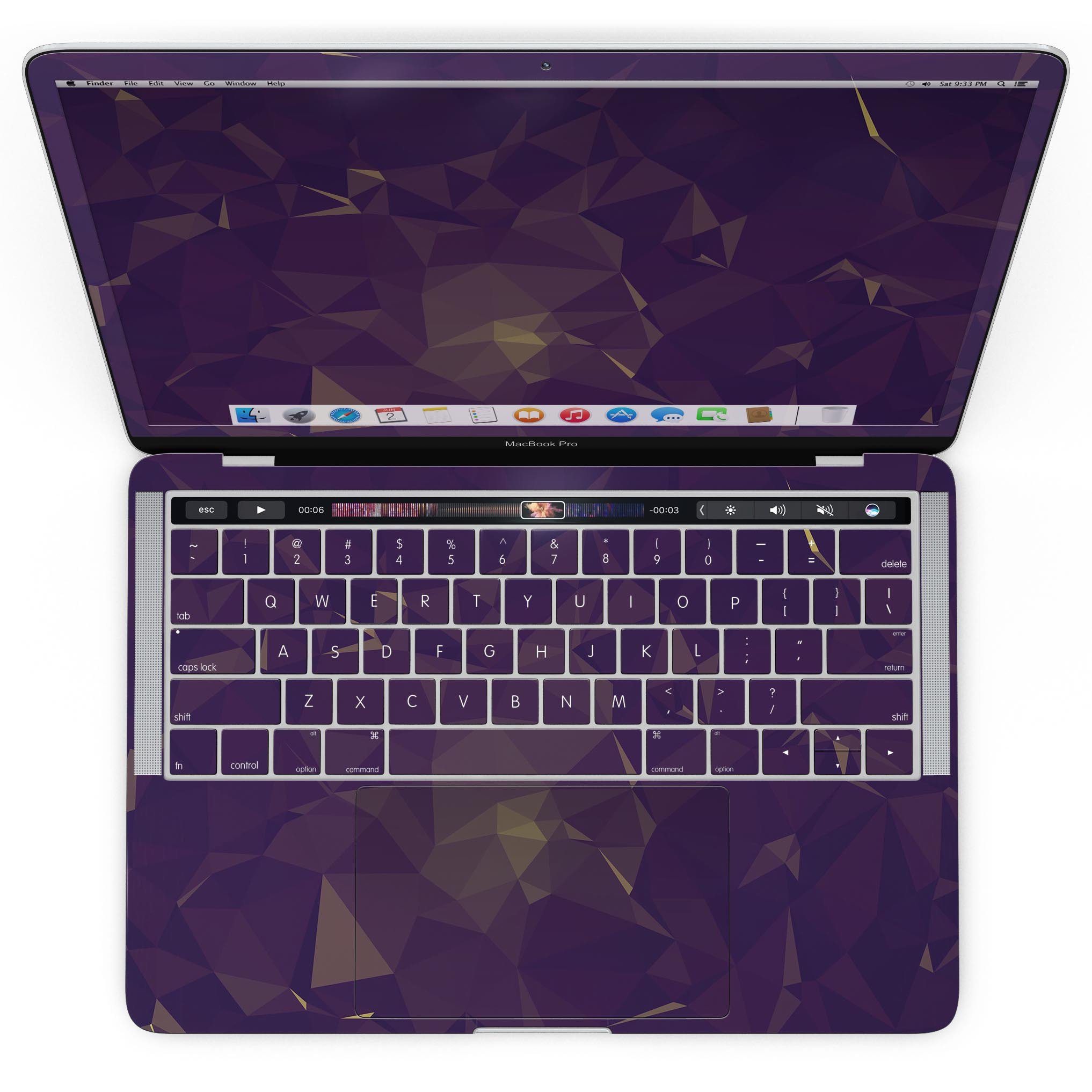 Abstract Purple and Gold Geometric Shapes skin for MacBook Pro with Touch Bar, showcasing a vibrant design that enhances device aesthetics.