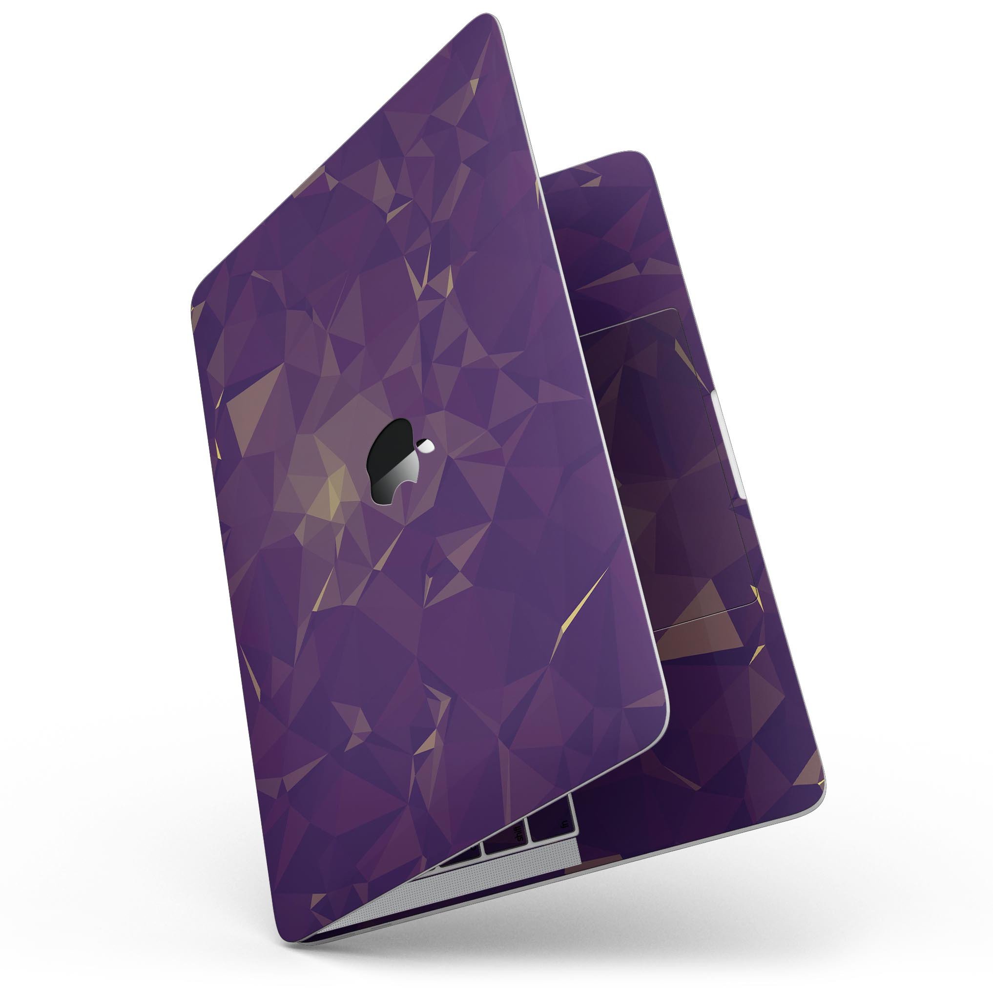 Abstract Purple and Gold Geometric Shapes skin for MacBook Pro with Touch Bar, showcasing a vibrant design that enhances device aesthetics.