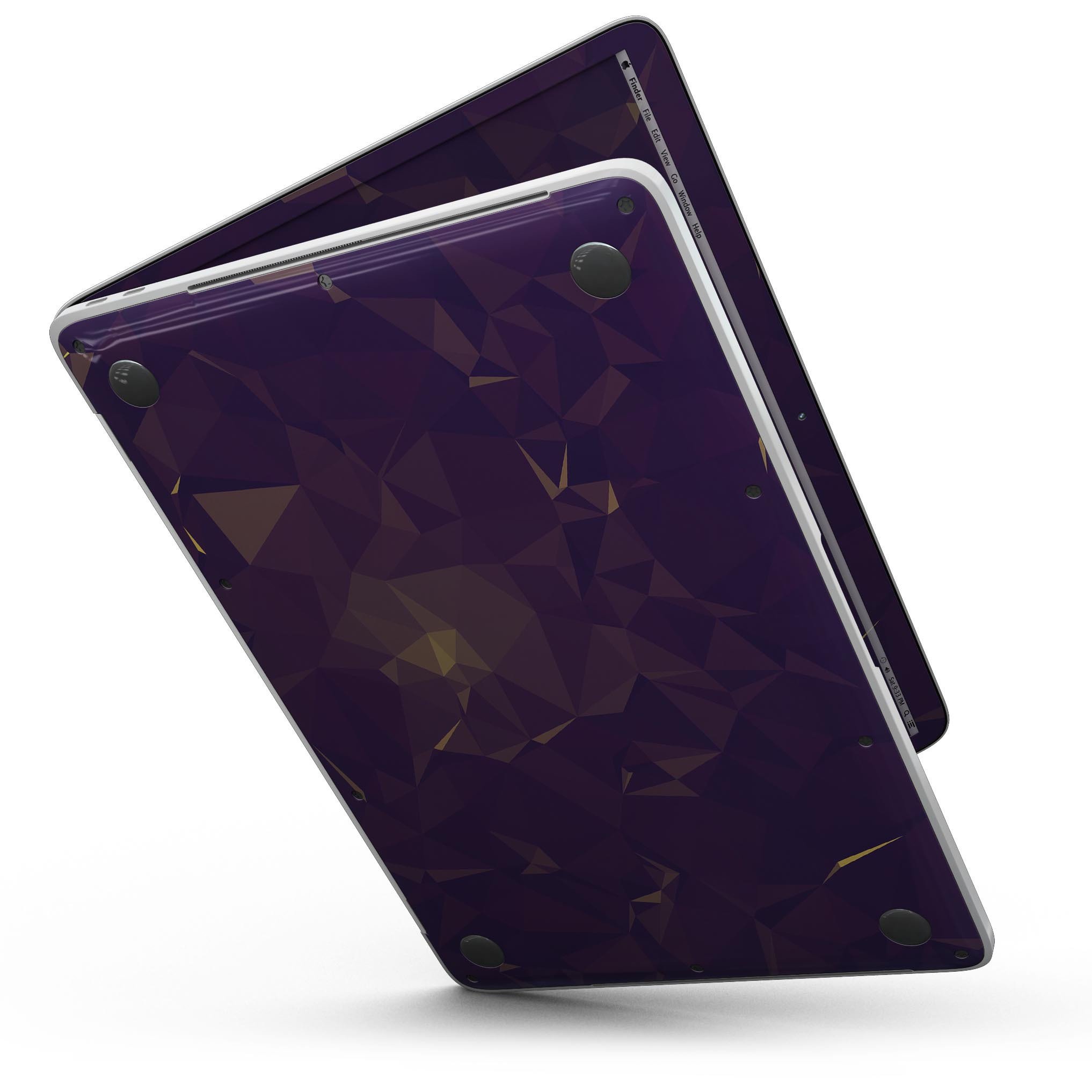 Abstract Purple and Gold Geometric Shapes skin for MacBook Pro with Touch Bar, showcasing a vibrant design that enhances device aesthetics.